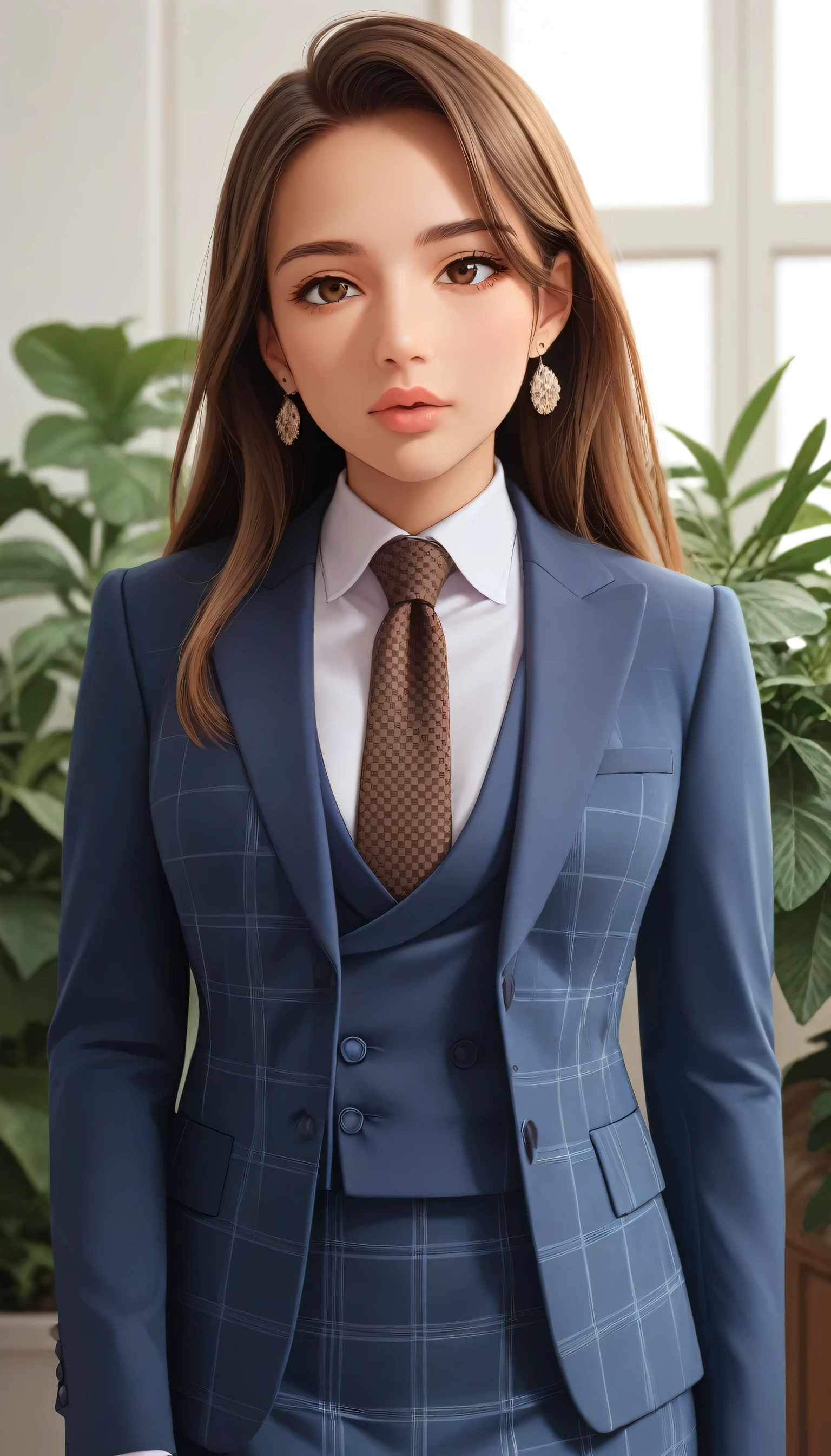 score_9, score_8_up, score_7_up, source_anime, hi res, masterpiece, best quality, highres, three-piece suit, 1girl, jewelry, formal, brown eyes, long hair, earrings, suit, lips, looking at viewer, white shirt, brown hair, buttons, plant, striped, necktie, blue jacket, plaid pattern, upper body, skirt