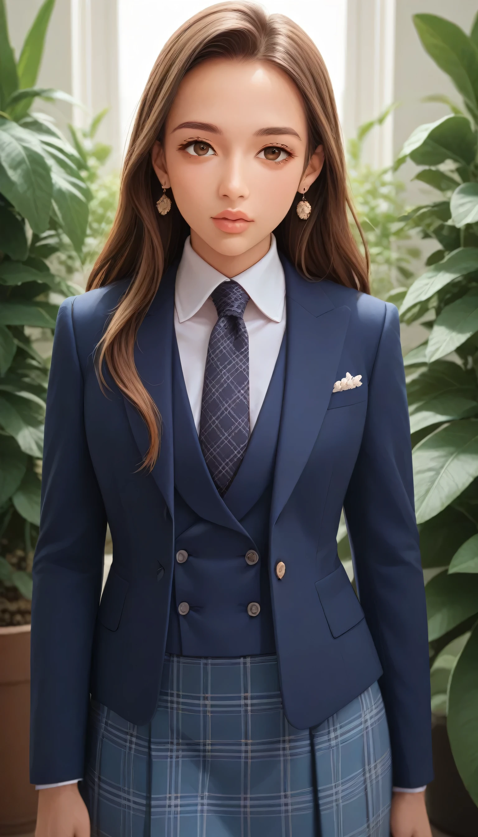 score_9, score_8_up, score_7_up, source_anime, hi res, masterpiece, best quality, highres, three-piece suit, 1girl, jewelry, formal, brown eyes, long hair, earrings, suit, lips, looking at viewer, white shirt, brown hair, buttons, plant, striped, necktie, blue jacket, plaid pattern, upper body, skirt