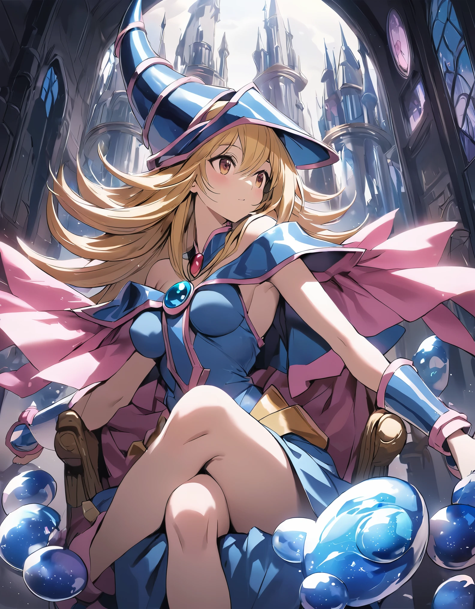 NSFW dark magician girl, glass cover, Upper part of the body, Side shot, Alternative color, Masterpiece, Detailed illustration, realist, Pixiv Top Quality, exquisite, {{{Cute 1dark magician girl}}}, Super beauty merging with the machine., Elaborate shabby chic pattern, Beautiful and bright woman, Half my body is made of machine., Transparent glass body, The inner machine is transparent., cinematic lighting, dynamic angle, dynamic pose, Crystal World, depth of field. Magic macaw at the bottom. magical hearts that show your body from head to toe, sit on the throne, sexy crossed legs, blonde hair
