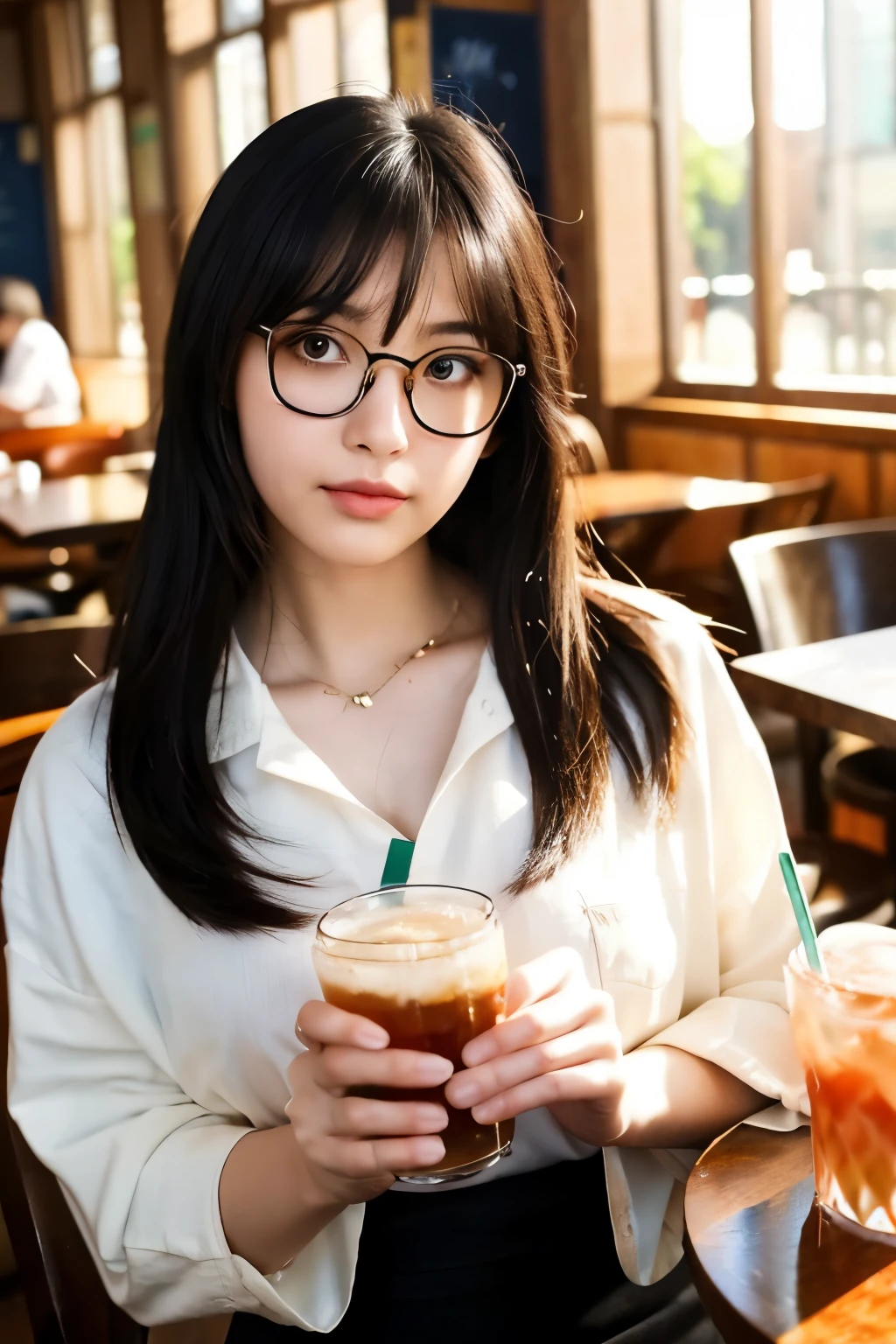 Top Quality, 8K, 4K, High Definition, Details Beautiful round glasses girl, dark hair girl, casual dress, restaurant with beautiful night view, upper body shown,