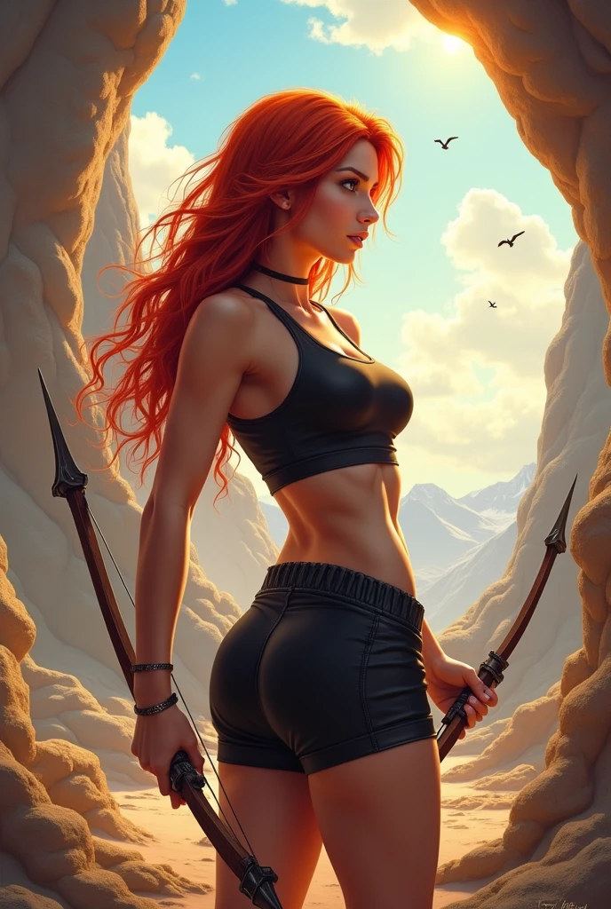 ((Jennifer Garner as Electra), ((red hair)), large breasts, ((very defined muscles)), ((narrow waist)), ((thin waist)), ((topless)), ((thong)), ((small amount of pubic hair)), ((rear view)), (Electra), ((camel toe)), ((cameltoe)), ((Tomb Raider style)), ((in a dark cavern city))