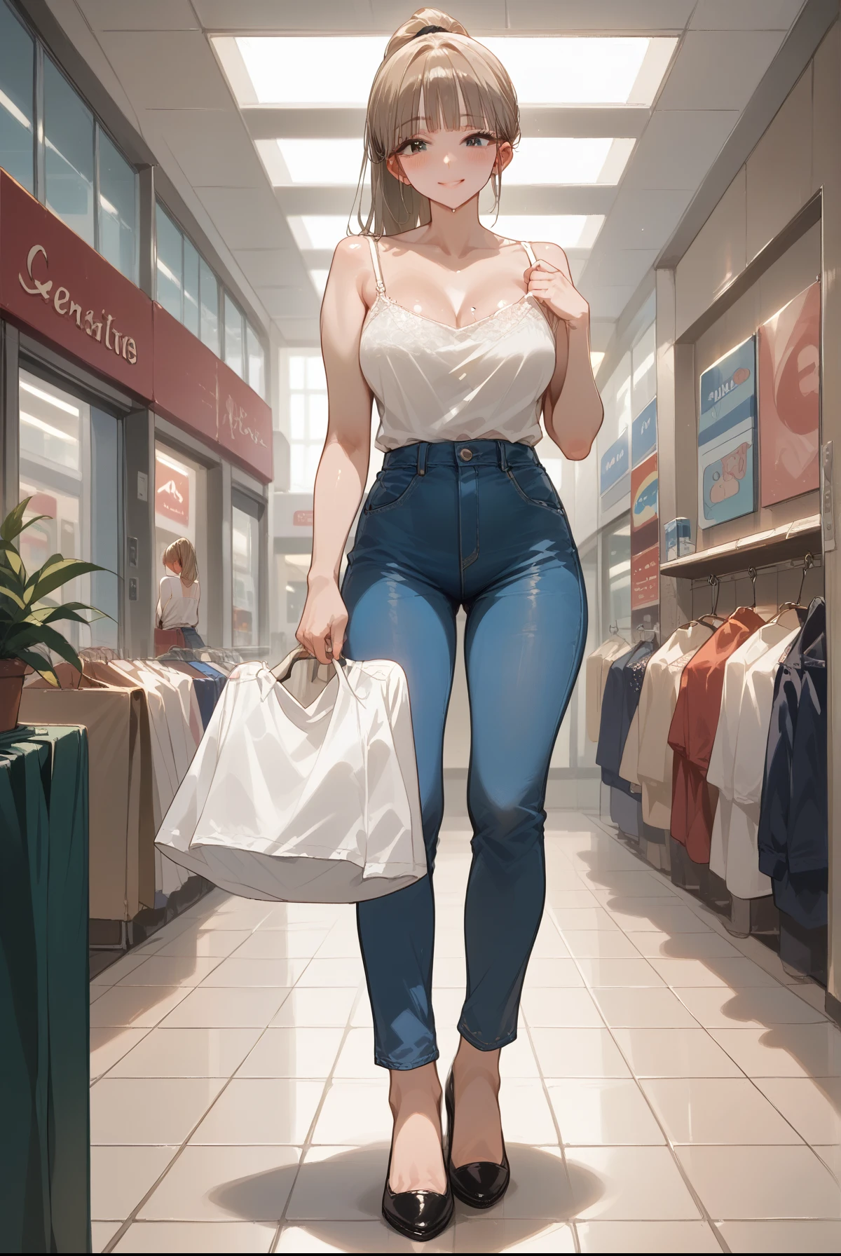 score_9, score_8_up, score_7_up, score_6_up,masterpiece, best quality, intricate details, 1girl, solo, mature female,light brown hair,blunt bangs, high ponytail, (large, curvy breasts), slim waist, fair skin, slender body, white camisole, jeans, inside of a mall, fitting room,fingernails, smile, blush, fingernails, full body,sweaty body, bare shoulders, strap slip,stilletos, high heels, changing clothes, clothes lift, black laced trimmed bra, Bra slip
