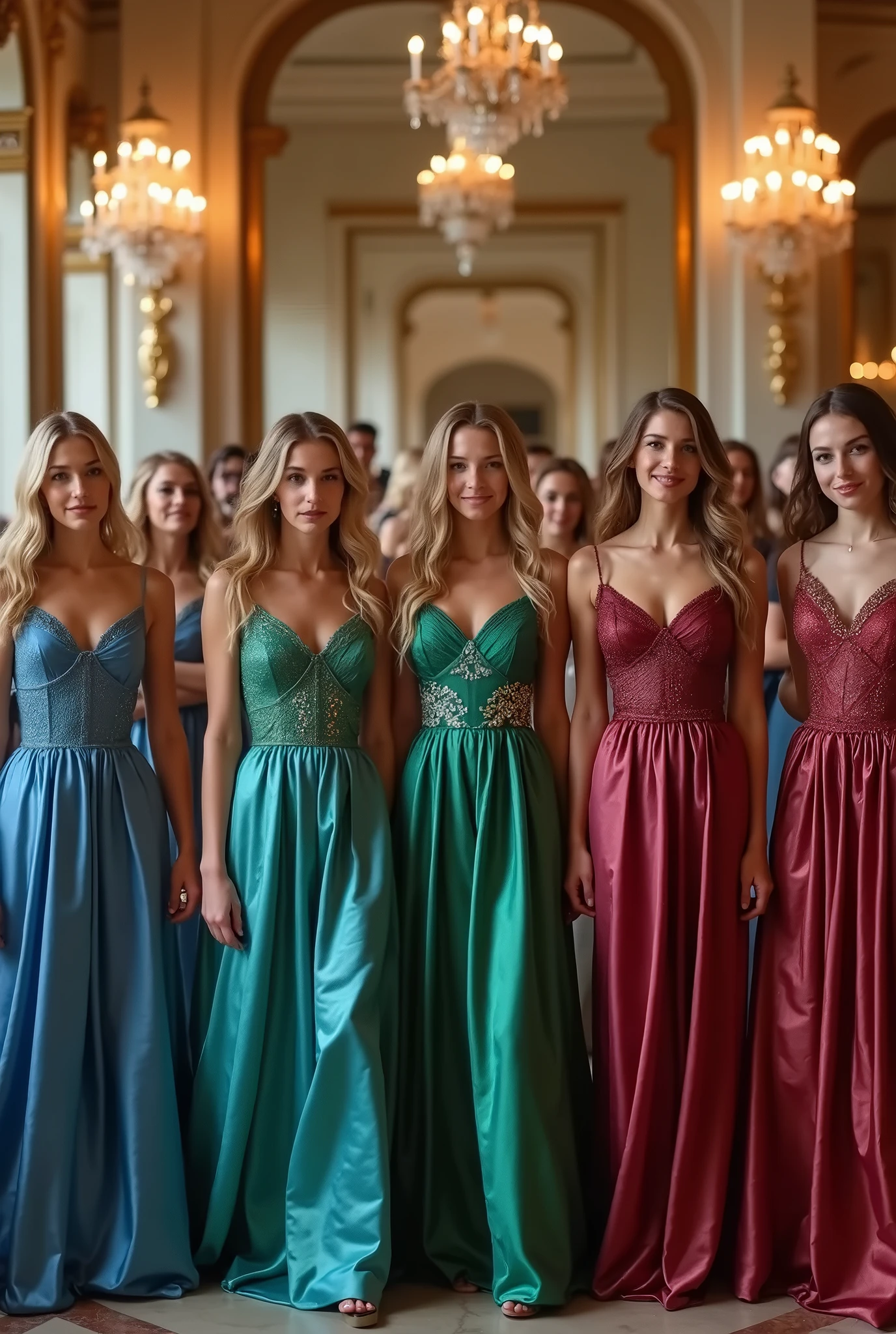 (best quality,4k,8k,highres,masterpiece:1.2),ultra-detailed,realistic:1.37,grand throne room,people,standing,2girls,long flowing hair,beautiful detailed eyes,beautiful detailed lips,elaborate throne,warm golden lighting,lavish decorations,royal attire,radiant smiles,confident postures,guests in elegant gowns and suits,exquisite chandeliers,ornate pillars,elaborate tapestries,rich color palette,opulent atmosphere,regal ambiance