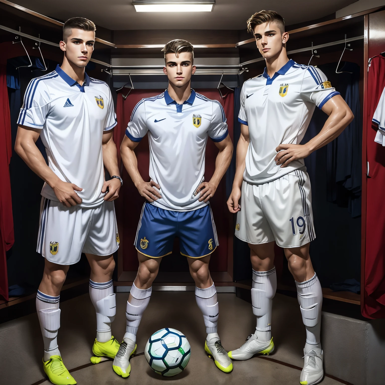 full view full body, 2 different handsome white european college boys with undercut clean haircuts, well-muscular, in shiny silky soccer jerseys, soccer shorts, white high pulled up soccer socks, soccer cleats, embracing in college locker room