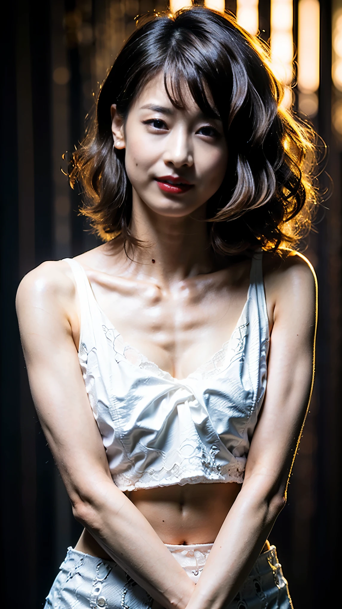 Black Bob, (RAW Photos, Photorealism), (Very thick lip gloss, jet black lipstick, Lots of eyelashes, pitch black eyeshadow, Watery eye, Are crying, anger, high quality, High resolution, Depth of written boundary, chromatic aberration, Natural Color, Caustics, Japanese, woman, 30th Generation), White bra, choker, necklace, single woman, Earrings, bracelet, Large and soft looking, Good style, Slim figure, Clearly visible hints, whole body, barefoot, The body line is very sexy, Spread your legs wide, Protruding, Very exposed skin, The tip of the is clearly visible., The areola is visible, The genitals are clearly visible, Spread your legs wide, Minimal protrusion, Genuine leather sofa, pubic hair, Coarse hairs on lower abdomen , Bare legs