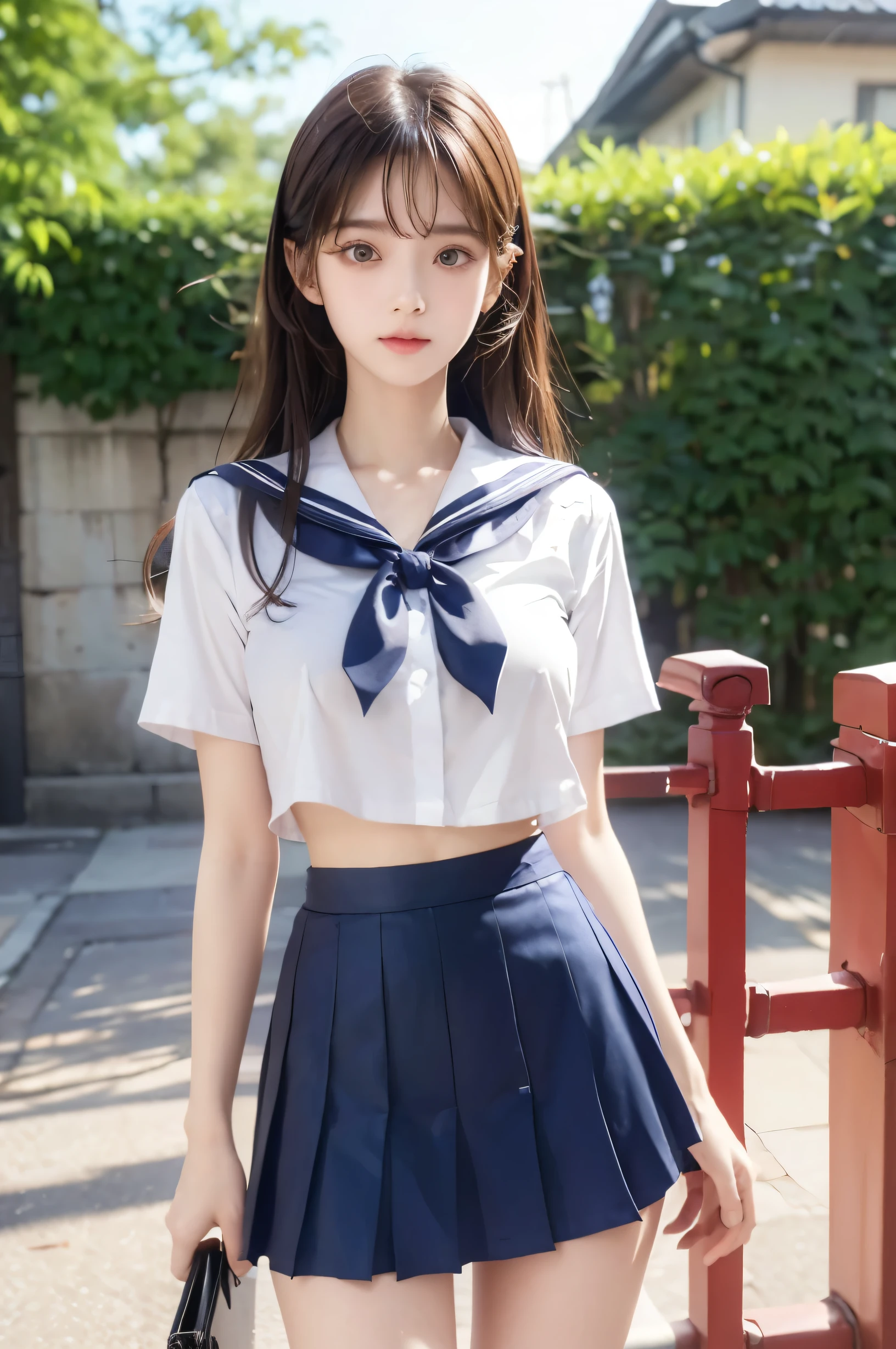 (Ultra HD), (Looking at me), (Short-sleeved sailor uniform, Navy blue mini skirt), Big Breasts, Super beautiful breasts, Slender, (Thin legs:1.2), (Thin thighs:1.2), (Thin Hips:1.4), (Beautiful Skin, Shiny skin, White skin), (Super slim face, Super beautiful face, No makeup, Smile:0.6), (Light Brown, Long Hair, Layered Cut, Fluffy hair), (Big eyes:1.3, High corners of the eyes:1.6, Double eyelids), (Thin eyebrows:0.1), (Small Nose:0.6), (Thin lips:0.6), Standing, In front of the school gate