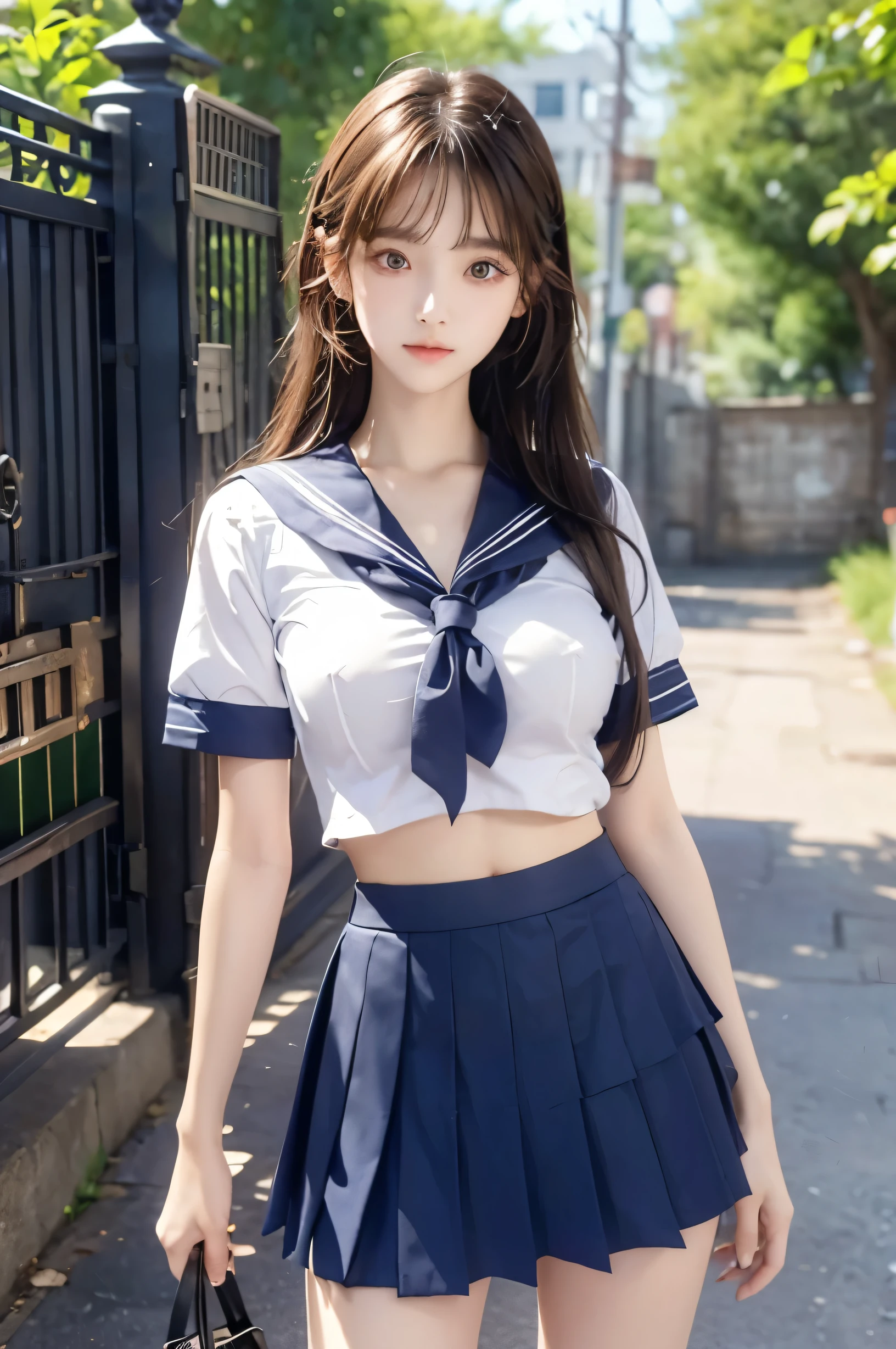 (Ultra HD), (Looking at me), (Short-sleeved sailor uniform, Navy blue mini skirt), Big Breasts, Super beautiful breasts, Slender, (Thin legs:1.2), (Thin thighs:1.2), (Thin Hips:1.4), (Beautiful Skin, Shiny skin, White skin), (Super slim face, Super beautiful face, No makeup, Smile:0.6), (Light Brown, Long Hair, Layered Cut, Fluffy hair), (Big eyes:1.3, High corners of the eyes:1.6, Double eyelids), (Thin eyebrows:0.1), (Small Nose:0.6), (Thin lips:0.6), bare hands, Empty-handed, Standing, In front of the school gate