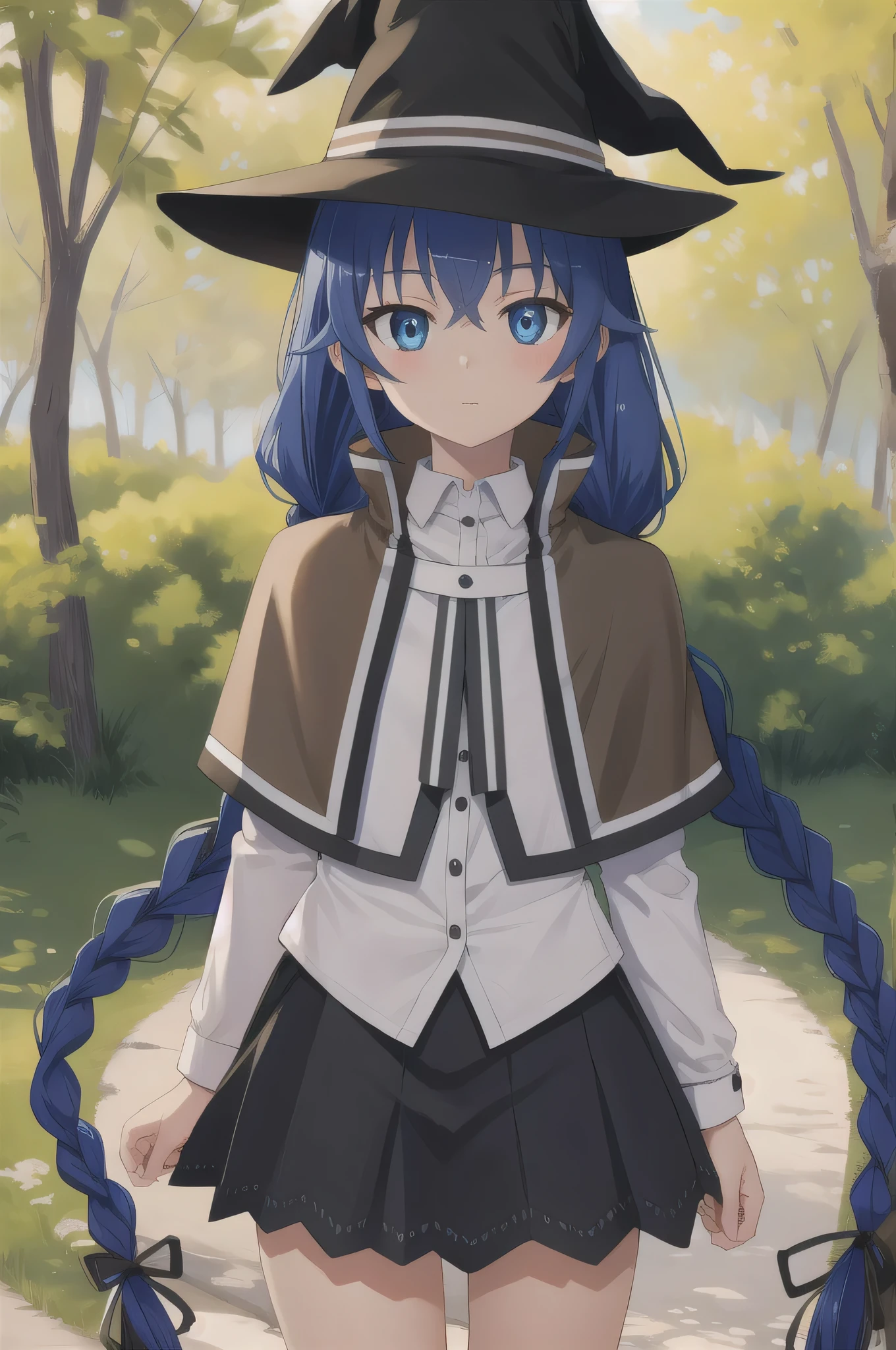 roxymigurdia, roxy, ahoge, black ribbon, blue eyes, blue hair, braid, hair between eyes, hair ribbon, long hair, twin braids, long hair, hat, witch hat,
BREAK black legwear, black skirt, capelet, jacket, brown jacket, long sleeves, miniskirt, open clothes, open jacket, pleated skirt, skirt, white capelet, white footwear, white jacket,
BREAK looking at viewer, centered photo, mid shot
BREAK outdoors, in a forest,
BREAK (masterpiece:1.2), best quality, high resolution, unity 8k wallpaper, (illustration:0.8), (beautiful detailed eyes:1.6), extremely detailed face, perfect lighting, extremely detailed CG, (perfect hands, perfect anatomy), anime syle, a sharp, vibrant color photo.