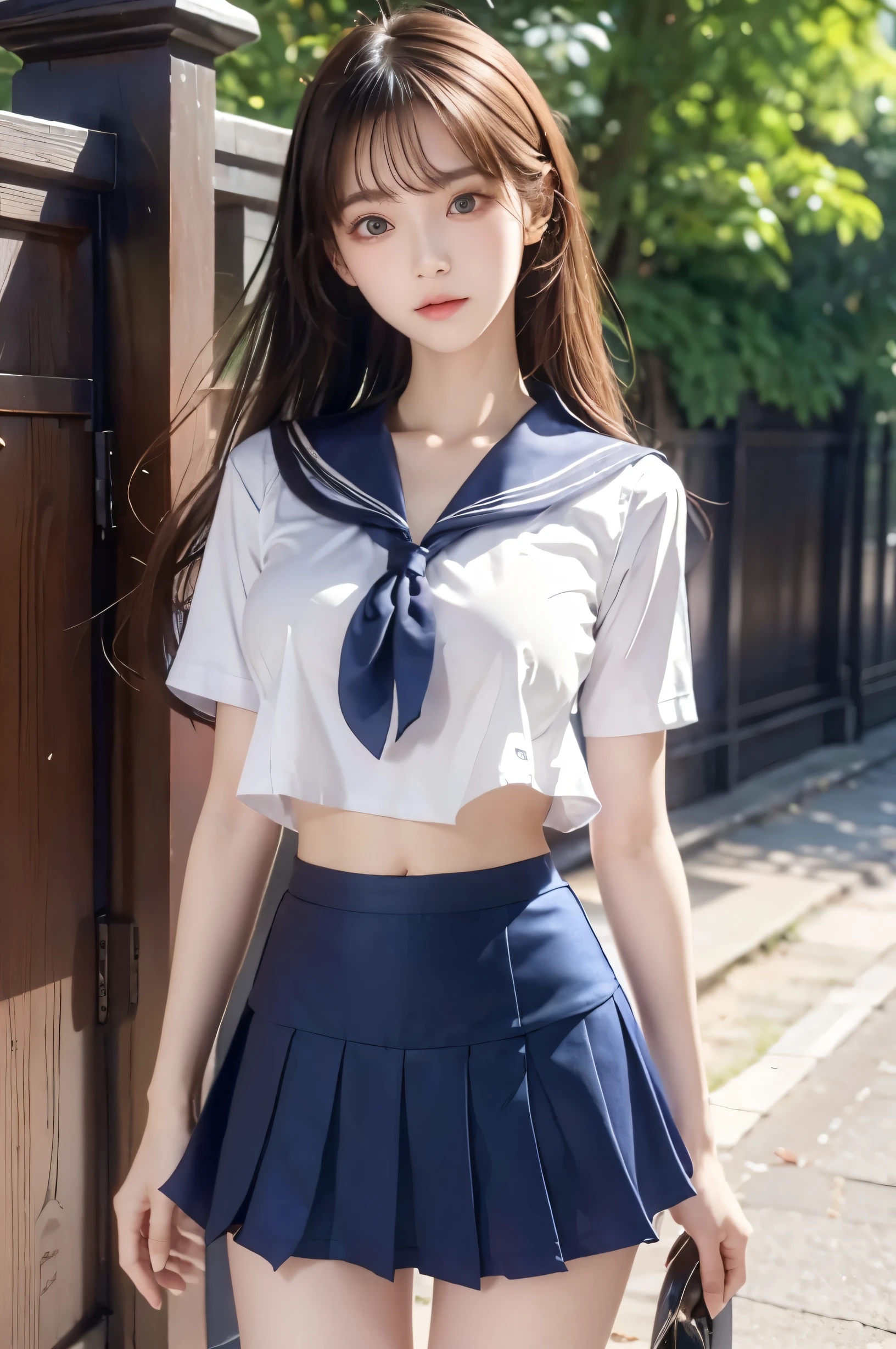 (Ultra HD), (Looking at me), (Short-sleeved sailor uniform, Navy blue mini skirt), Big Breasts, Super beautiful breasts, Slender, (Thin legs:1.2), (Thin thighs:1.2), (Thin Hips:1.4), (Beautiful Skin, Shiny skin, White skin), (Super slim face, Super beautiful face, No makeup, Smile:0.6), (Light Brown, Long Hair, Layered Cut, Fluffy hair), (Big eyes:1.3, High corners of the eyes:1.6, Double eyelids), (Thin eyebrows:0.1), (Small Nose:0.6), (Thin lips:0.6), bare hands, Empty-handed, Standing, In front of the school gate