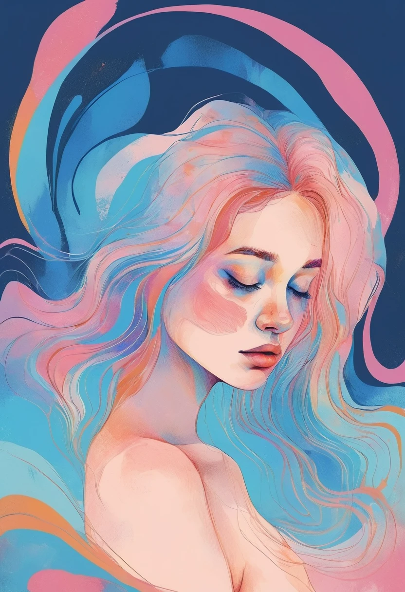 (ink art, ink illustration, green and pink ink, rough: 1.4), 1girl, solo, (flowing lines), dreaming, dreams, sleeping, eyes closed, floating, hair down, hair flowing in ink, swirling ink, highly detailed, multicolored background, ((abstract)) --auto