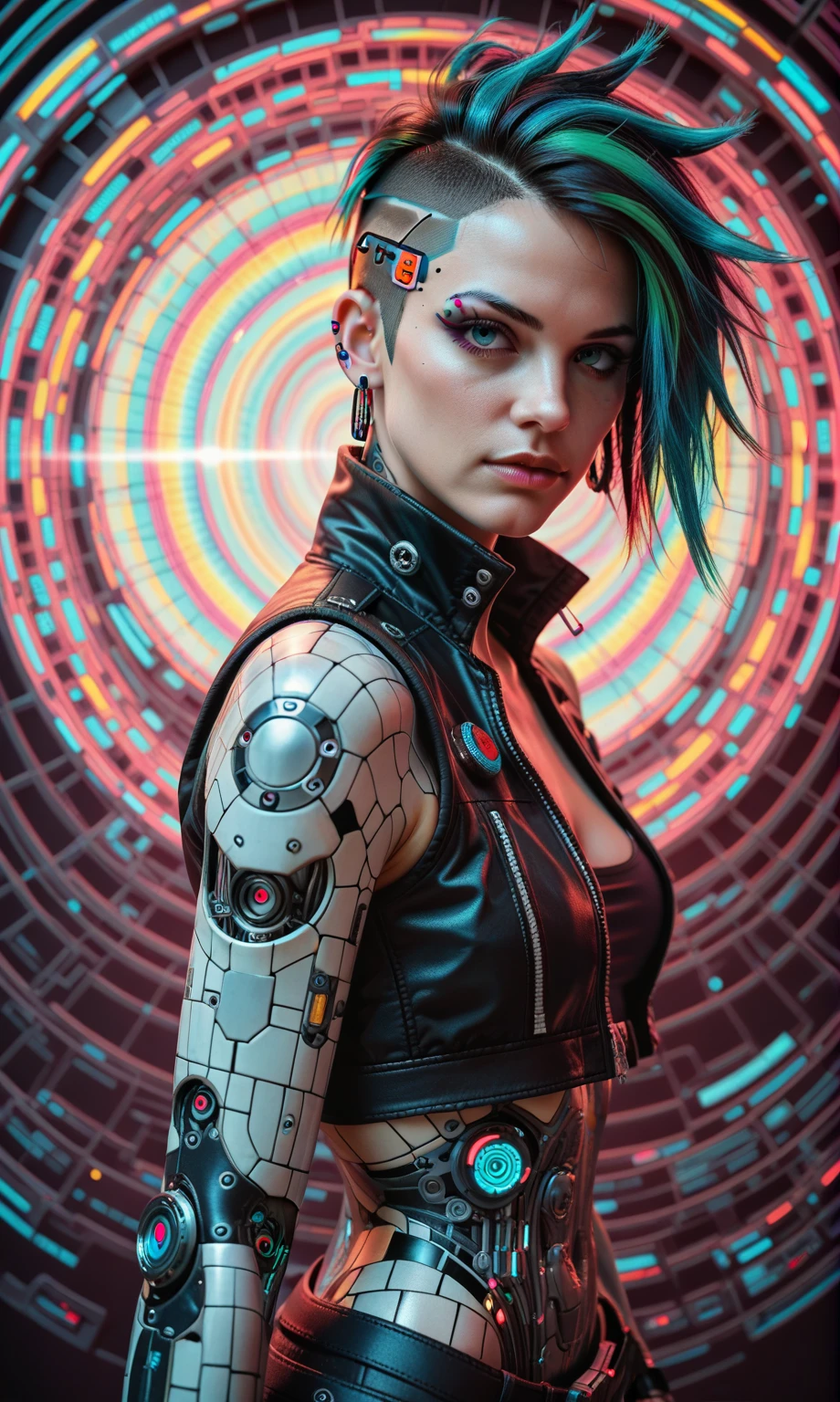 (masterpiece:1.2),(Highest quality),(Super detailed),(Ultra-high resolution),(Best illustrations),8k,wallpaper,Beautiful female cyborg,whole body,psychedelic,Vector art,Layered textures,progressive,pop,sf,cyber punk,Super sexy:2.0