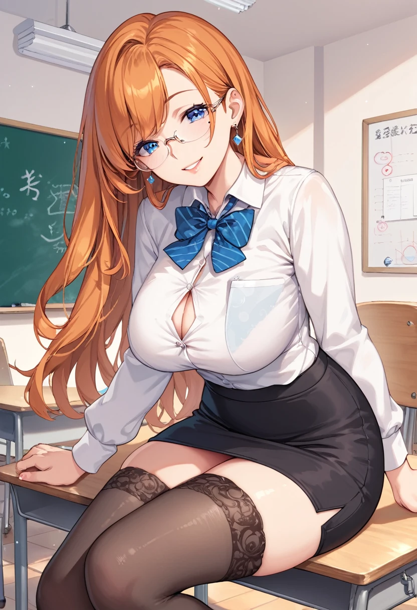 Score_9, Score_8_up, Score_7_up, source_anime, (1.2: bottom 1mature_female, Teacher, white shirt, black skirt, black sheer stockings, orange hair, long hair, blue eyes, a mole under the eye, thin lenses, Big breasts, flirtatious smile), (1.1: Shota&#39;s hand, point of view, looking at a photo, cell phone photo, foto de la Teacher, woman kneeling kneeling on a hotel bed, black lingerie with red lace, black sheer stockings), classroom, perfect bodies, Perfect anatomy, Perfect fingers, perfect arms, transparent, shading.