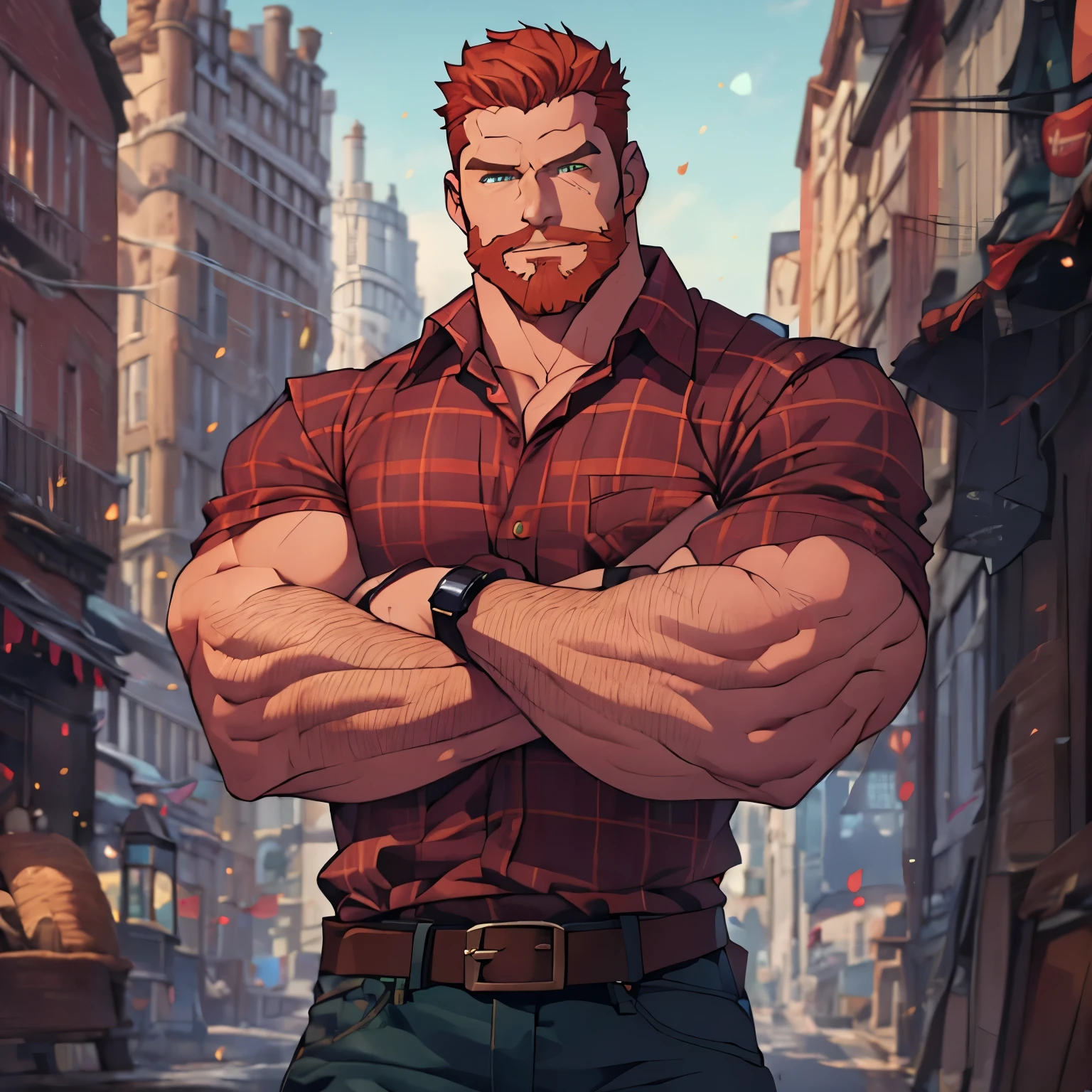 Masterpiece, Best Quality, Ultra-Detailed, handsome muscular male, bara, ginger, ginger beard, mutton chops beard beardstyle, ginger bearded hairy man, large waist, red and black flannel shirt, red flannel shirt, happy expression, green eyes, very beautiful and detailed eyes, looking at viewer, black jeans pants, jeans pants, leather belt, crossed arms, city background, cowboy shot,