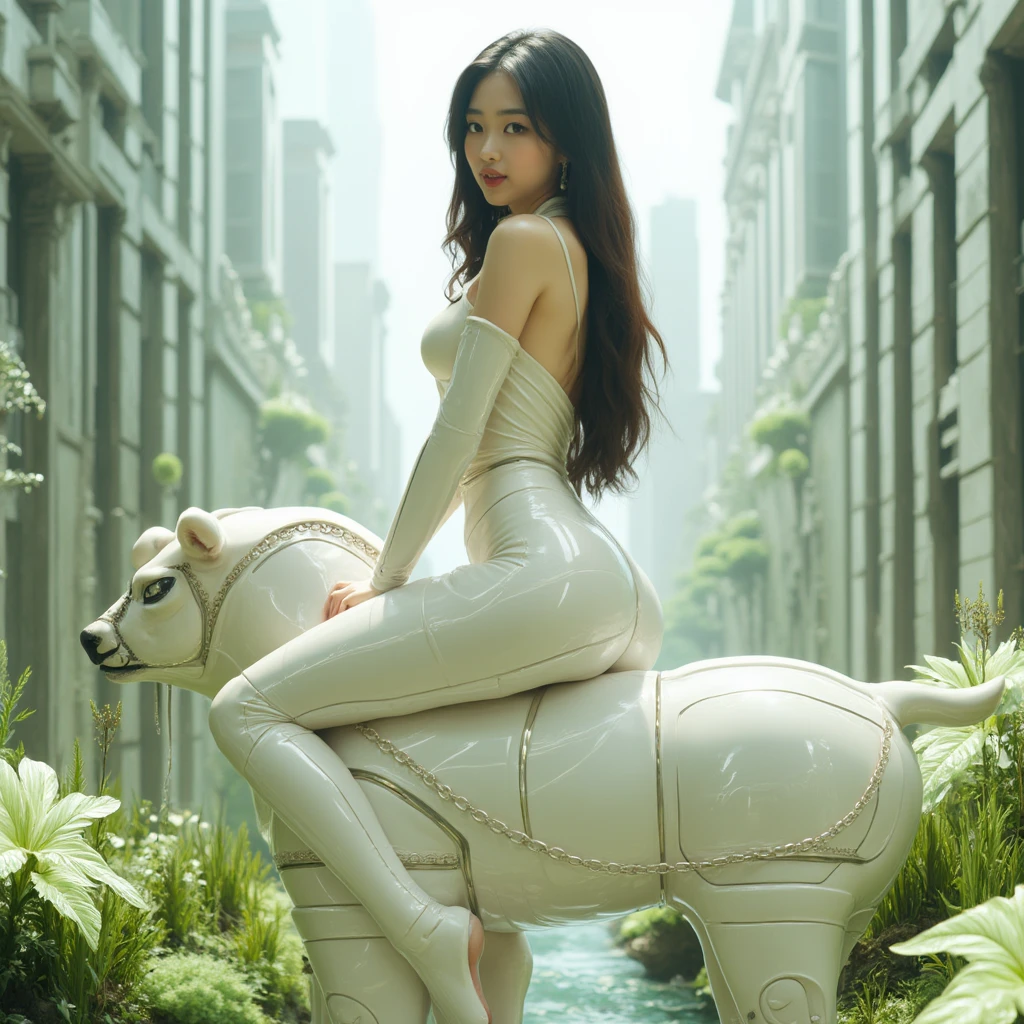 Integrating science fiction and futuristic elements. Axisymmetric composition,a perfect-body beautiful Korean girl is smiling, solo in the center of the photo,  viewed from behind and look back, with an axially symmetric lower body pose, and perfect buttocks. She sat astride a  man on all fours. She is in a luxurious sleeved camisole, glossy off-white super tight leggings and a legging chain. off-white background features buildings and lush greenery, glass textured plants.
