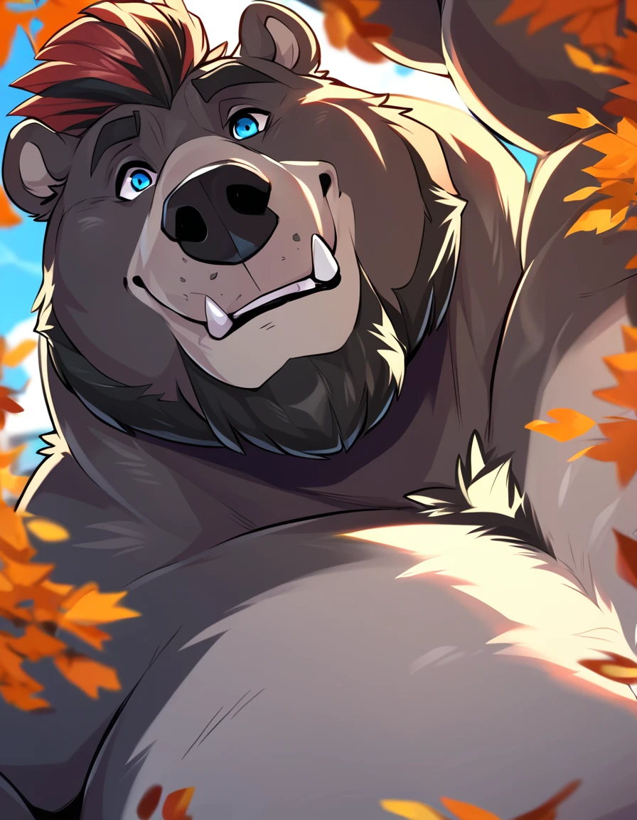 Close-Up Portrait: Sarcastic obese Kodiak Bear; showing off his perfect physique and perfect anatomy; Gray/black fur, beard, Mohawk hairstyle, Blue Eyes, large muscles, Detailed body fur, burly huge stature; masterpiece, Anime Style, Two-tone body fur, Black body hair, clear gray body hair; hard bulky; Detailed face, Thin eyebrows, Fine grain, thick jaw, Detailed body, Autumn cityscape, sunny, Detailed hands, Shining Body, Shiny body, Motion Blur, Dynamic Angle, looking at viewer, close-up OP-POV looking up; by FTGBear;