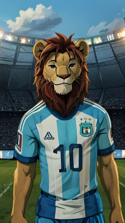 (1girl, solo, furry, lion), highly insanely detailed, masterpiece, top quality, best quality, highres, 4k, 8k, RAW photo),((innocent look)),((ghibli style)),From the front, symmetrical composition,smile,cute,Innocent,Kind eyes,Flat chest,digital art Style, night, crowded soccer stadium, (leo),front view, Upper body,  argentina, argentina jersey, soccer jersey