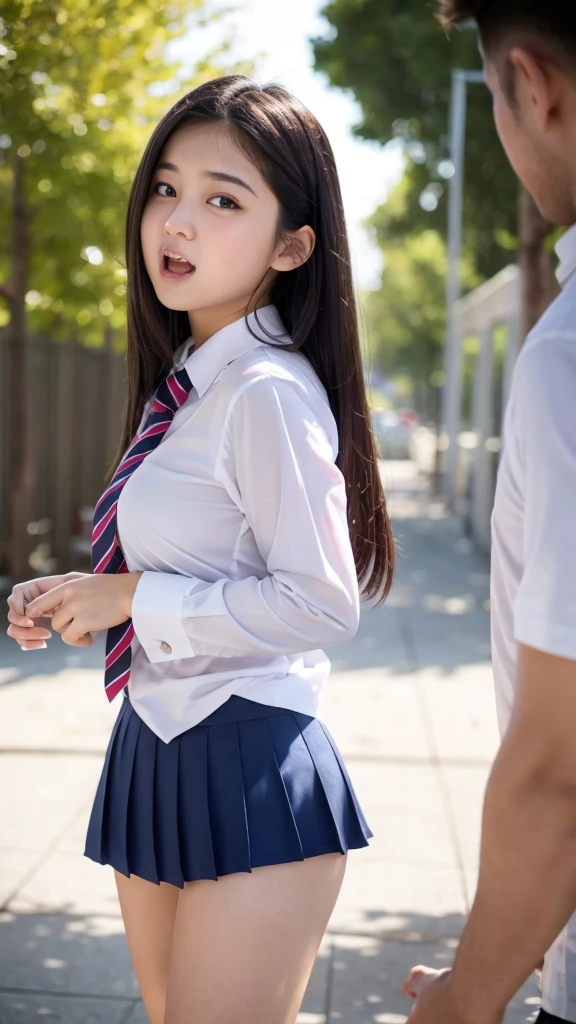 An innocent and beautiful high school girl in lewd underwear screams with her mouth open in shame as she walks past male students:1.2, A female student who was stripped of her cute school uniform by a male student poses with her legs together in embarrassment and screams., Being stared at by male students at close range, Vivid and realistic, Face close up, She tries to hide her panties with a mini shirt, but it&#39;s too short, Being molested by a horny middle-aged man:1.3, A beautiful girl with a baby face like an idol, Wavy princess cut:1.3, Confused by viewers&#39; lewd gazes, Ultra-high resolution, 2k, Clear white skin, Slender body, Japanese, Anatomically correct