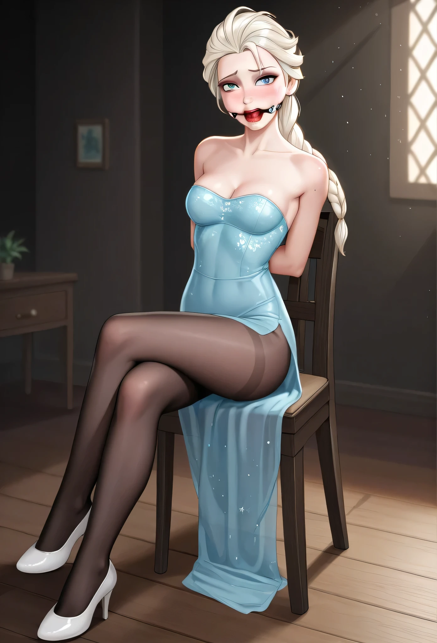 explicit content, score_9, score_8_up, score_7_up, score_6_up, score_5_up, score_4_up, rating_questionable, 1girl, sexy elsa, sexy hips, she is sitting with crossed legs on a wooden chair:1.5, anatomically correct, high quality image, Focus full body, (( elsa wears shiny pantyhose:1.5)), (seethrought short black semi-transparent evening dress that shows her body:1.5), (you can see her naked pussy throught the torn semi-transparent evening dress:1.5), she is sitting on the chair with crossed legs:1.5, high heels sexy boots:2, (((elsa's hands are tied:1.5))), (elsa expression is scared:1.5), she is covered by cum:1.5, ponytail:1.5, mouth gagged:1.5, her legs are extended:1.5, sexy perfect legs:1.5
