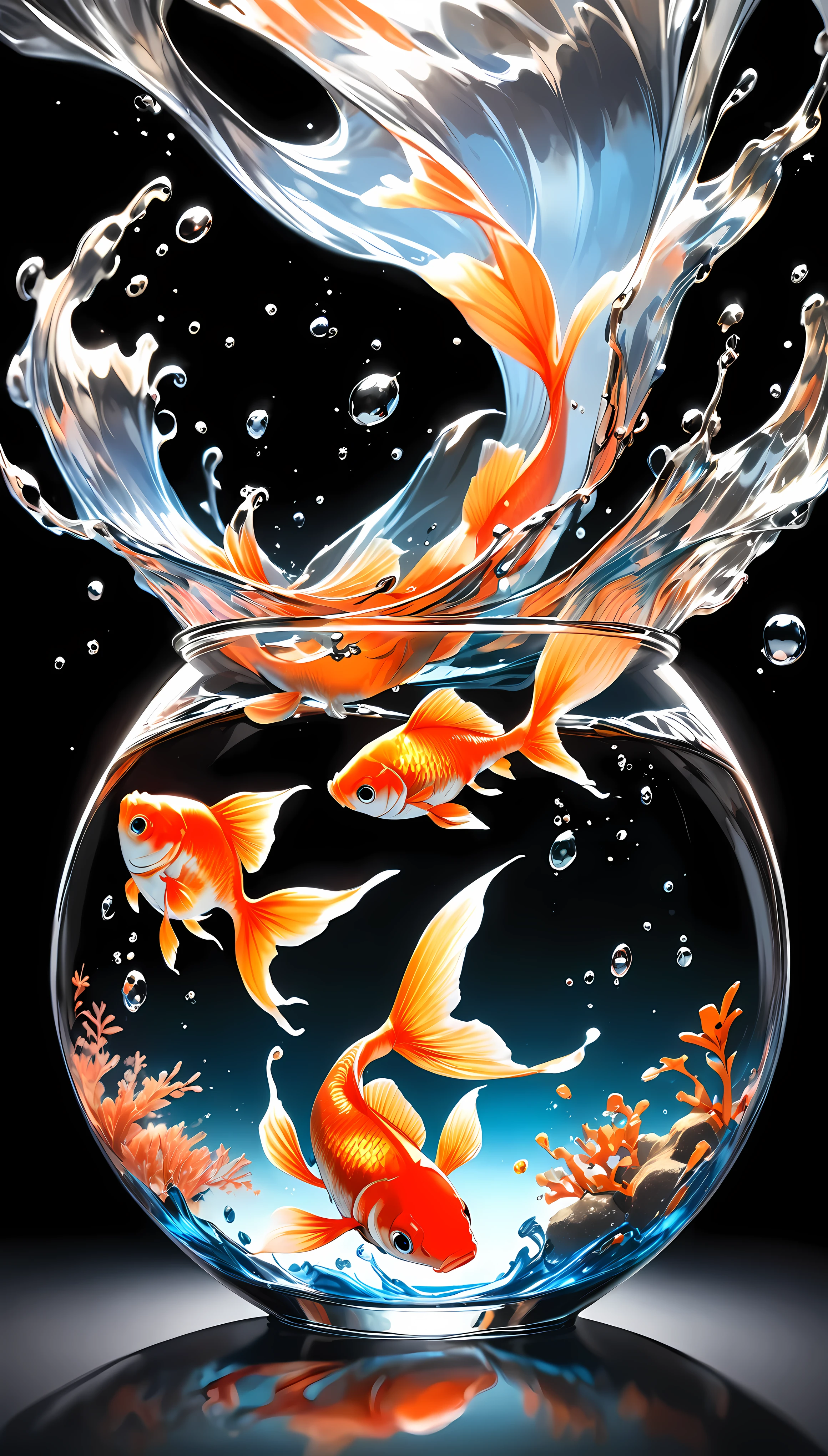 Molten Metal Watercolor, 1 Goldfish, single, 優elegant, Under the water, elegant, Black Background, Dynamic Motion, Minimalism, A disembodied fishbowl, 