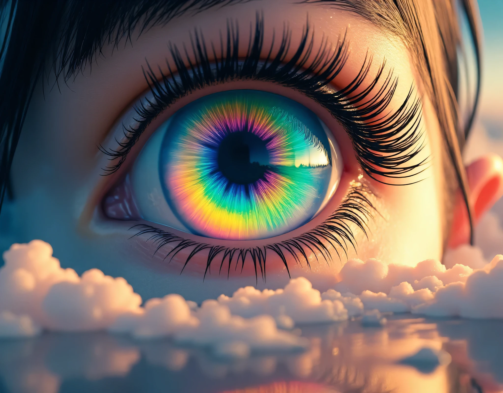 a picture of an eye looking at a rainbow in the sky, the rainbow is ((being reflected in the eye))