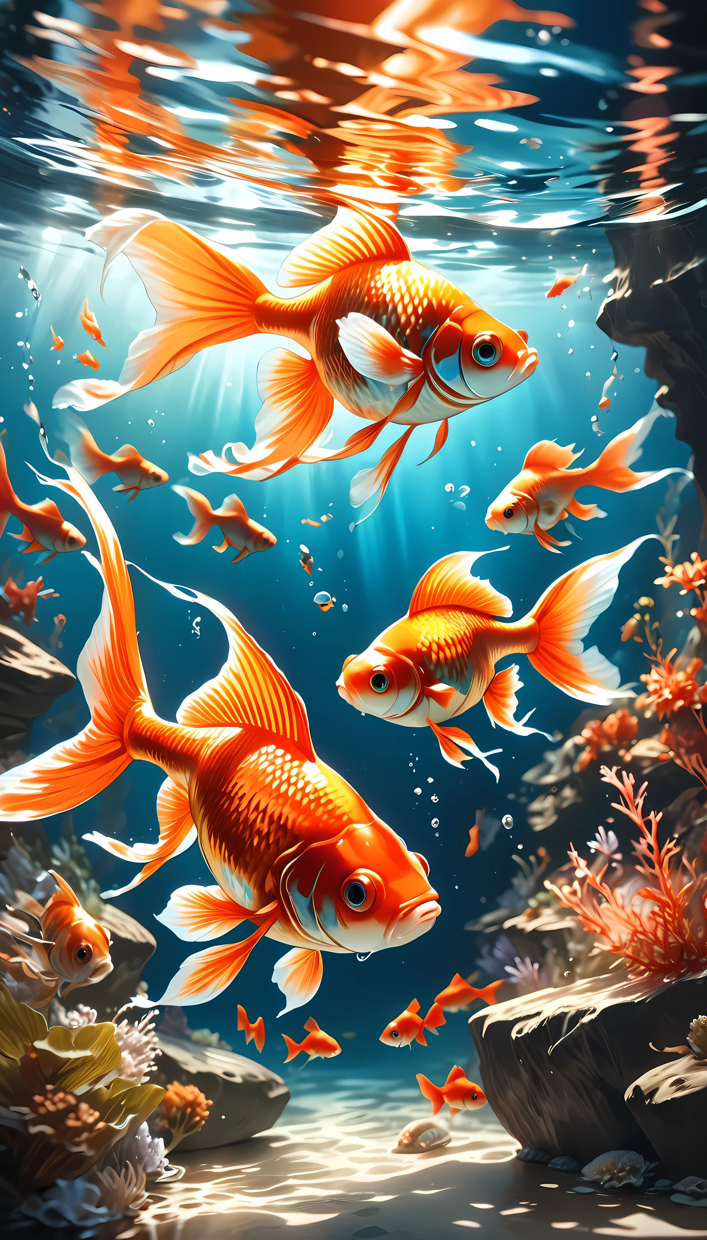 a melting metal watercolor, goldfish, underwater, (best quality,4k,8k,highres,masterpiece:1.2),ultra-detailed,(realistic,photorealistic,photo-realistic:1.37),intricate details, shimmering metallic textures, vibrant colors, serene underwater scene, graceful goldfish swimming, rippling water surface, dramatic lighting, ethereal atmosphere, surreal and imaginative