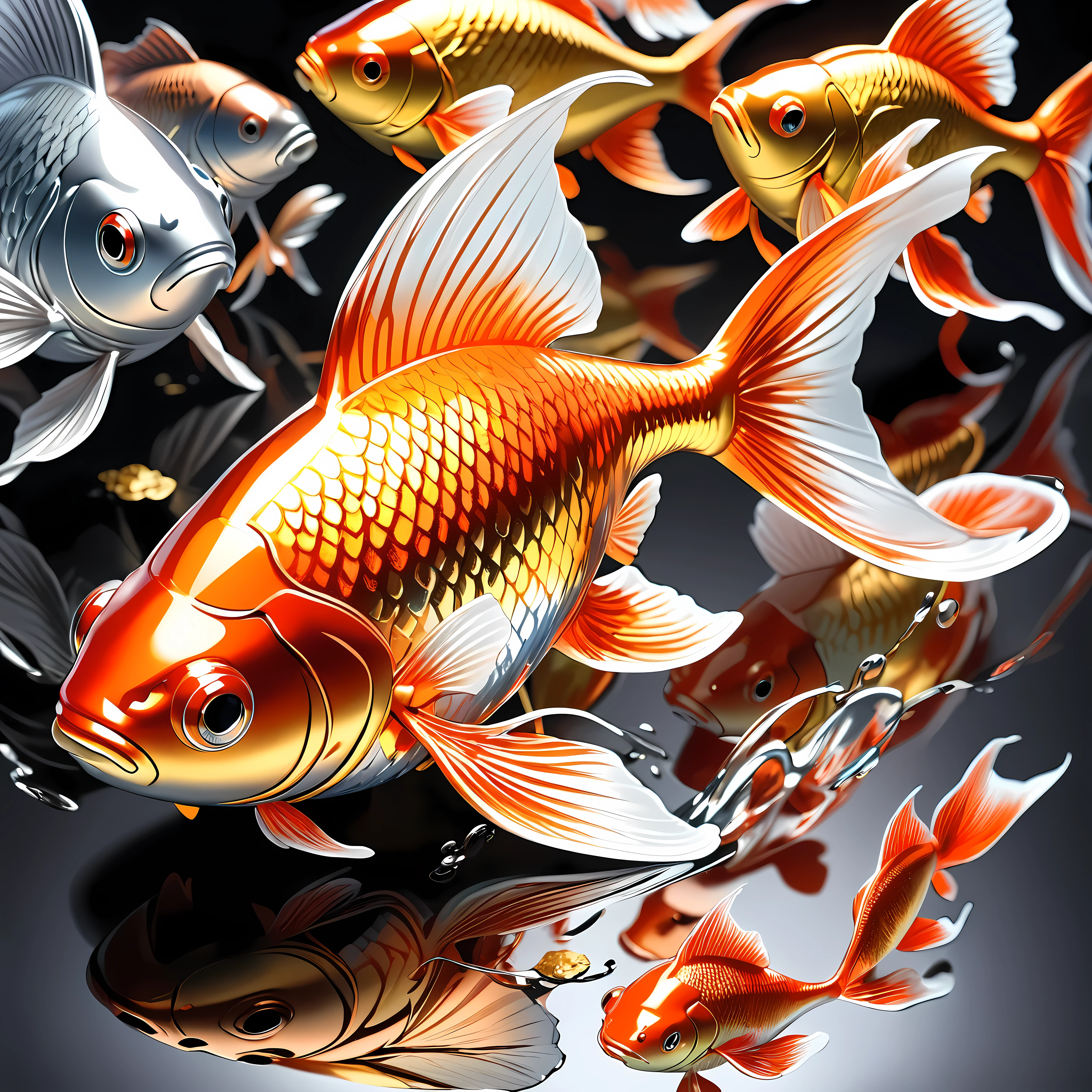 a highly detailed and shiny metallic goldfish, a masterpiece of liquid gold, molten metal sculpture, gold metallic shine, metallic reflections, glossy metallic finish, regal and elegant, transparent vermilion coating, silver water representation