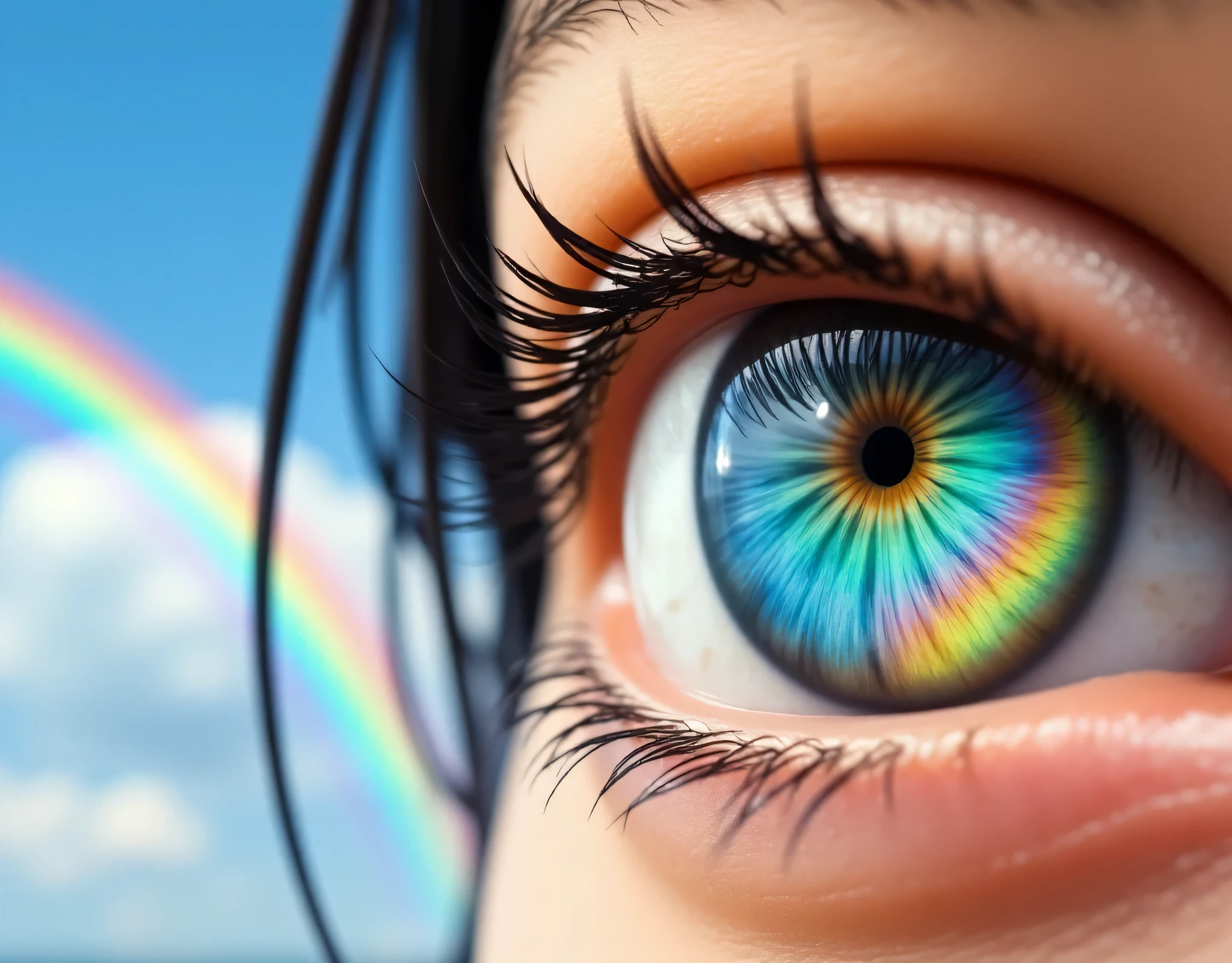 a picture of an eye looking at a rainbow in the sky, the rainbow is ((being reflected in the iris))