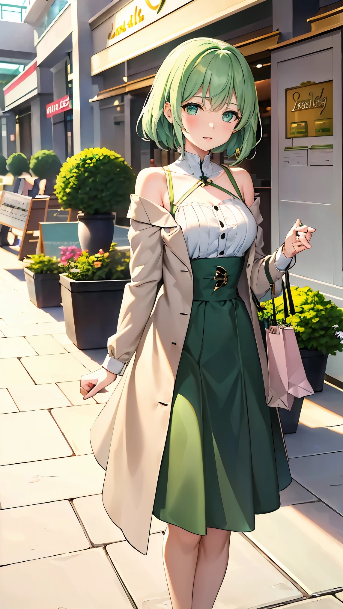 Shoulder-length green hair, Small size breasts, Small breasts、Green Eyes, 、(((Ladylike))),A composition that captures the whole body from head to toe、Feminine clothing、Outerwear、Long skirt、Chuckle、((Walking side by side with a viewer in a shopping mall))、Date、walk、、Stylish、、