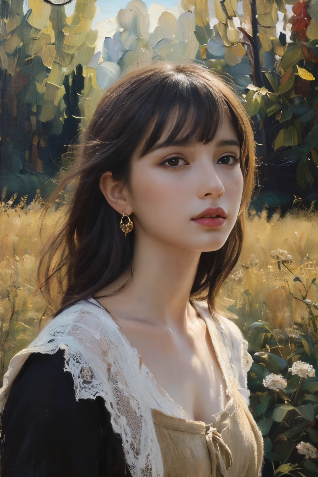 (Depth composition) (portrait of a young sexy woman with flowers), Inspired by Albert Lynch, oil painting