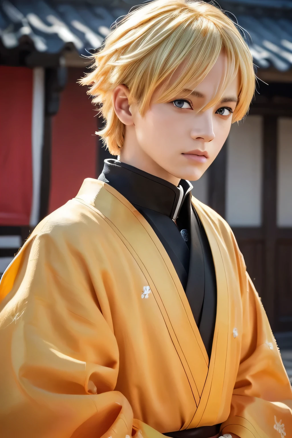 A detailed realistic portrait of Zenitsu from Demon Slayer, with beautiful blonde hair, intense amber eyes, sharp facial features, elegant clothing, dynamic pose, Ukiyo-e style background, vibrant colors, cinematic lighting, photorealistic, masterpiece