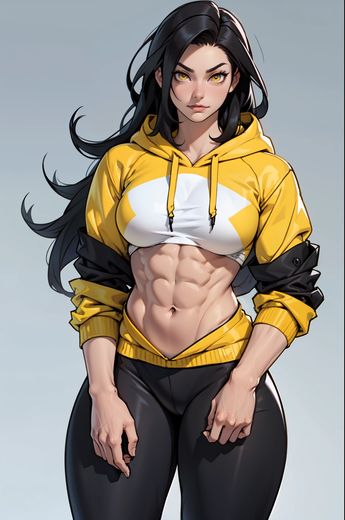 black hair, yellow eyes, solo, sweaty, shiny skin, angry, pale skin, ((((((muscular, 1girl)))))), curvy, thin waist, very long hair, sweaty, perky breasts, long sleeve shirt, bike shorts, underboob, navel, from below