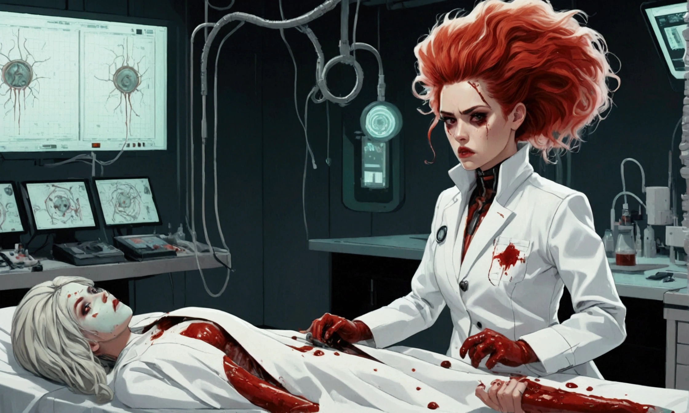 A mad scientist in a bloody white coat circles an operating table, on the table is a cute yuna (Frankenstein woman, several stitches, bolts on neck, wild hair, nips and  barely covered by sheets), mad scientists lab with many Tesla devices
