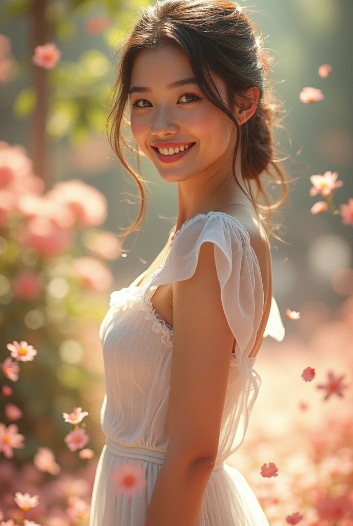 ((8k, Fotos RAW, of the highest quality, Obras maestras), High Definition RAW color photos professional close-up photos, (realista, Fotorrealismo: 1.37), (highest qualityr), (Las mejores sombras), (Mejores ilustraciones), ((Lindo, Beautiful, ultrahigh resolution, CG Unified 8k Denden High Definition Wallpaper, physically based representation, movie lighting), analog style, elegante, agradecido, UHD 8k, DSLR, fujifilmXT3, Vibrante, franco, Espectacular puesta de sol inmersiva, (Cara detallada, textura de la piel), Film grain, Luz natural, staring at the camera,(idolmaster),(1 chica japonesa),(Photo of a 16-year-old girl in Japan), (senos medianos), (maquillaje,lipstick,Eye line,mascara,sombras de ojos:1.1),Glamour,(Cara perfecta), (cara linda), (Cara hermosa), ((see through dress:1.2)), ((adornos para el cabello)), ((Pendientes)), ((Durante)),((bob corto)), Un campo de flores, Hermosos ojos de detalle, Luz en la cara, ((Disparo de vaquero: 1.2)), Luz especialmente fuerte, (Ojos superiores, sonrisa sonriente:1.2),piel brillante, ulzzang -6500-v1.1:0.2, bashful, (El Flash:1.2), (arms behind back:1.2), ((good anatomy: 1.2)), ((Un campo de flores que es brillante , the background is blurred: 1.2)),Wakame