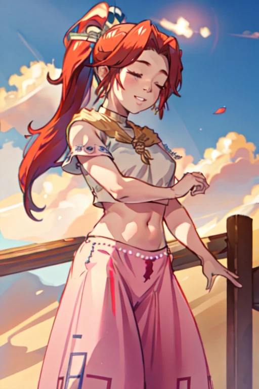 MalonAdult, 1girl, solo, pink pants, own hands together, singing, closed eyes, musical notes, masterpiece, best quality, eyeshadow, lipstick,long pony tail solo, smiling, looking at viewer, cowboy shot,eyeshadows, desert, crop top