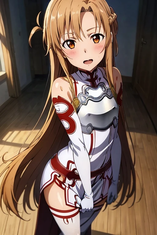 ((Best Quality)), ((masterpiece)), (be familiar with), Perfect Face, indoor, bedroom, Watching the audience,
One woman, Yuuki Asuna,
Open Mouth, Ecstatic expression, blush, smile,
Small breasts, Flat Chest, , , child, Girl,
Long Hair, Long Hair,
Leg spread,