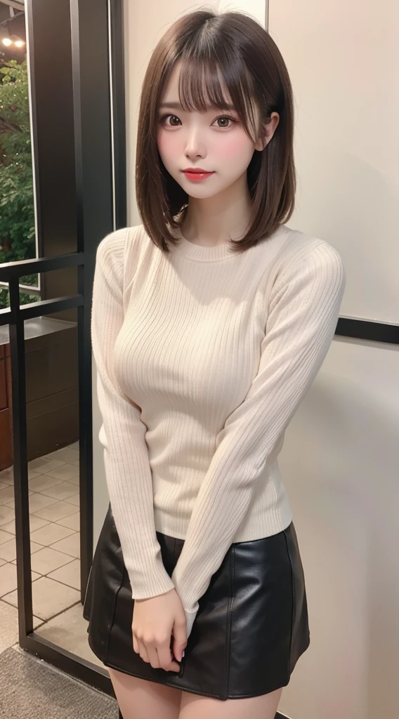 Highest quality、One Japanese woman、Brown Hair、Beauty、 housewife, 37 years old, cute, clear, Big Breasts, Curvy body type, Beautifully styled hair, Pale pink knit and white mini skirt,