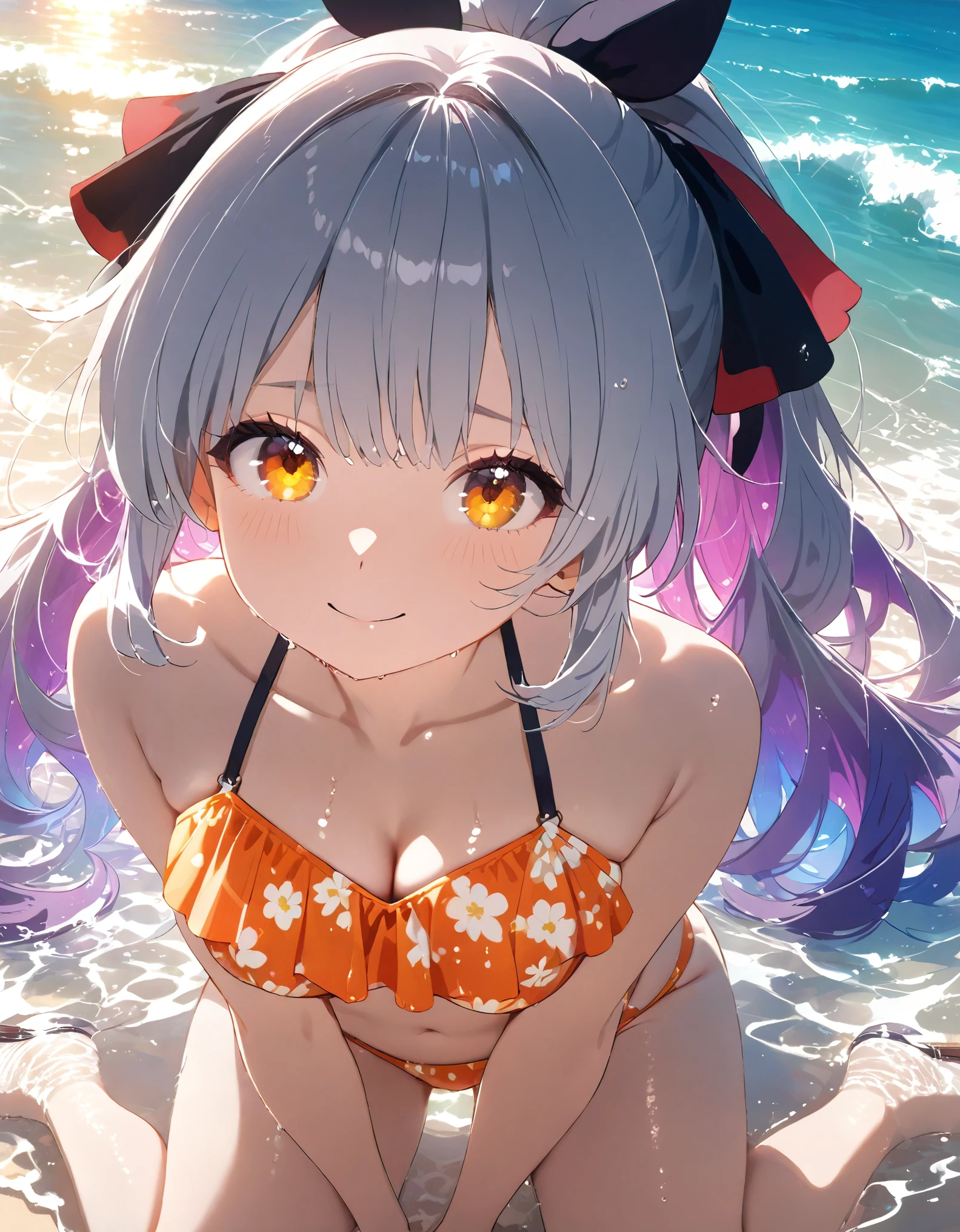 (High resolution, accurate, Best Quality, masterpiece), 1 girl, full body portrait, from above, on the beach side, Cute Style, wariza, ((droopy eyes)), silver hair, ponytail hiar, colorful inner color hair, wearing a floral pattern orange bikini, medium breast, mysterious smile, sun set, rays of the sun, looks at the viewer, sweat, wet body, dynamic angle, gentle tones, lens flare, distortion, bokeh, glitter effect,