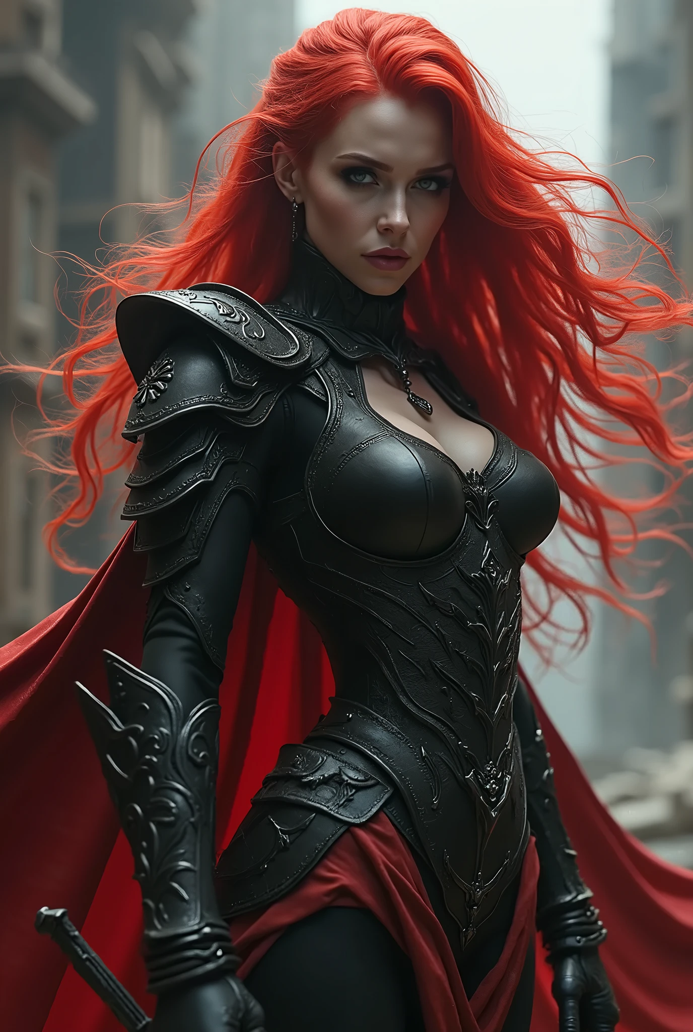 crea un personaggio femminile, combattente, con un seno surreale, gigantesco, capelli lunghi e scioli, rossi, con qualche accessorio