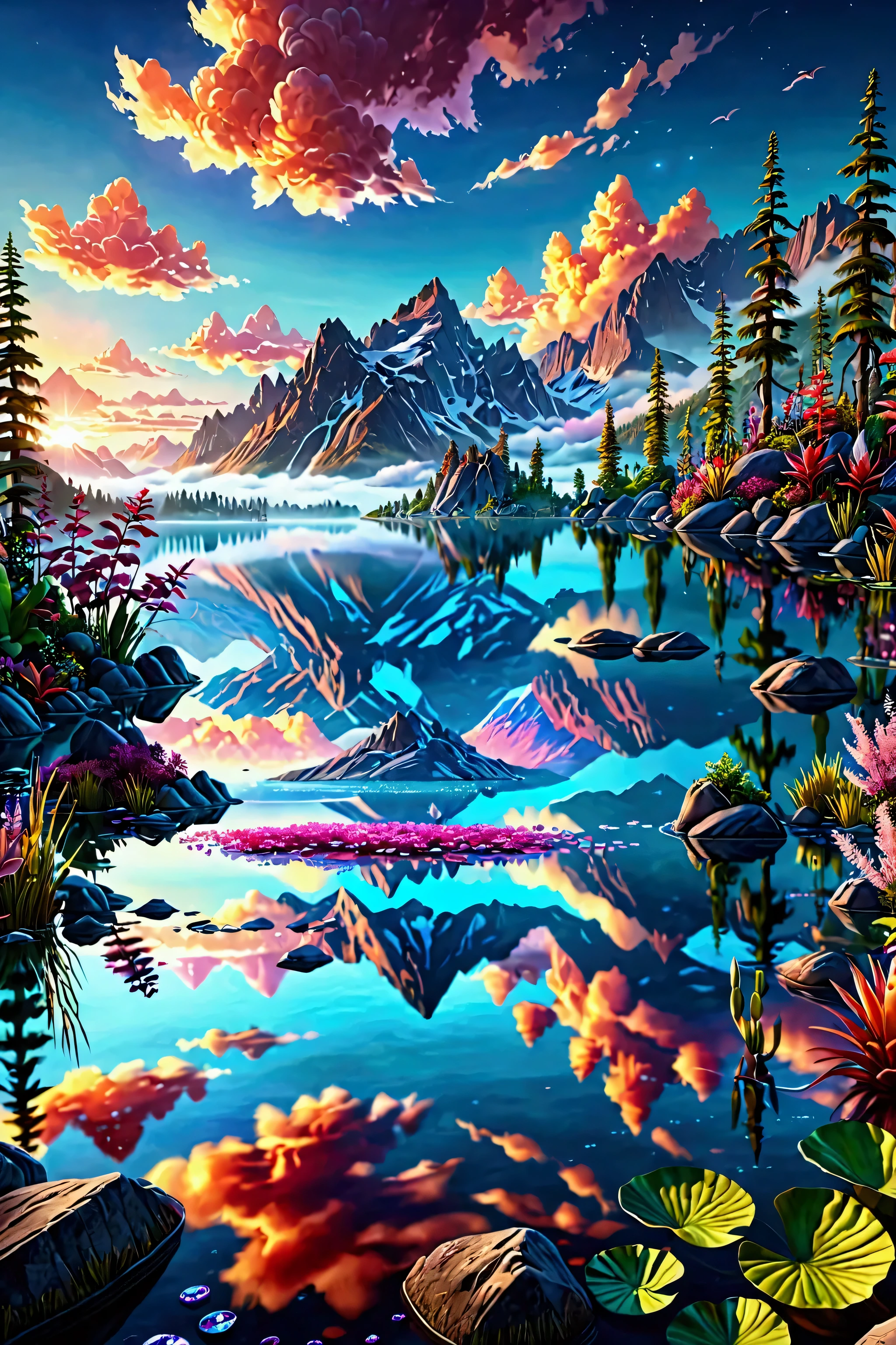 Crystal clear lake surrounded by towering mountains, glowing plants along the shore, fantasy creatures drinking from the water, soft mist above the lake, vibrant sunset sky with magical clouds, dream-like reflections, ultra-realistic, 8k, fantasy landscape