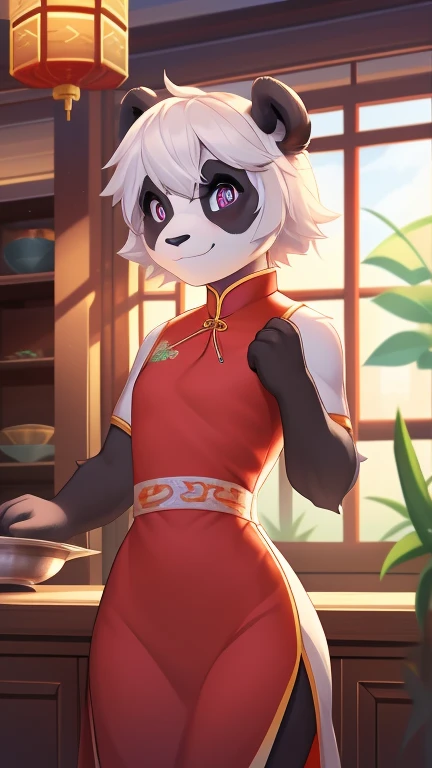 Best quality, Super detailed illustration, (1 boy:1.2), (Fluffy panda:1.4) , feminine face and body, disheveled thick hair, Chinese dress, Chef, shy smile, Femboy, small waist, wide hips, Slim, perfect body, DND style