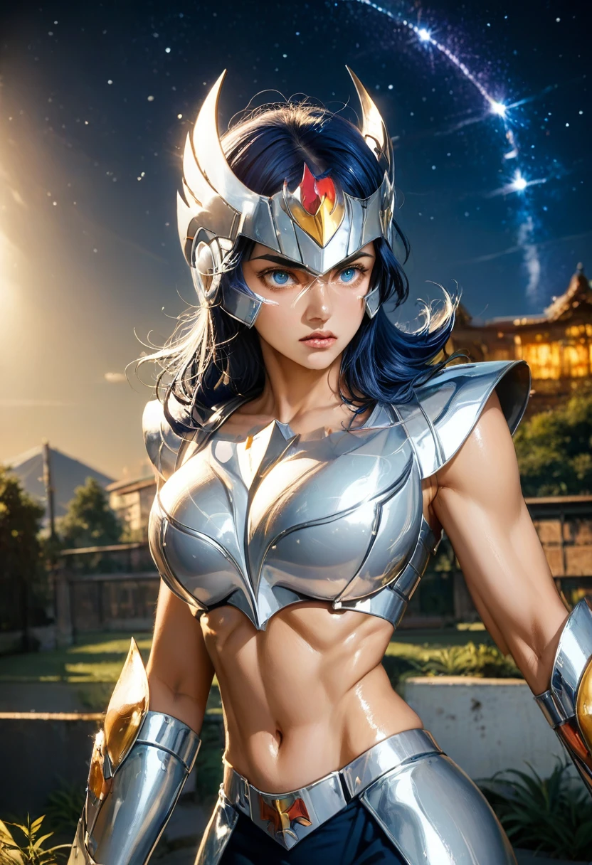 masterpiece, best quality, high resolution, armour, lifelike, high resolution, original photo, shiny tan skin, best lighting, spark, dramatic lighting, dynamic poses, starry sky background, night sky, universe, Milky Way, pretty young girl, balanced eyes, ikki phoenix, plate armor, chest, split, blue hair, plate helmet, blue eyes, looking at the audience, Big breasts, angry face，Show toned belly and flat lower belly.