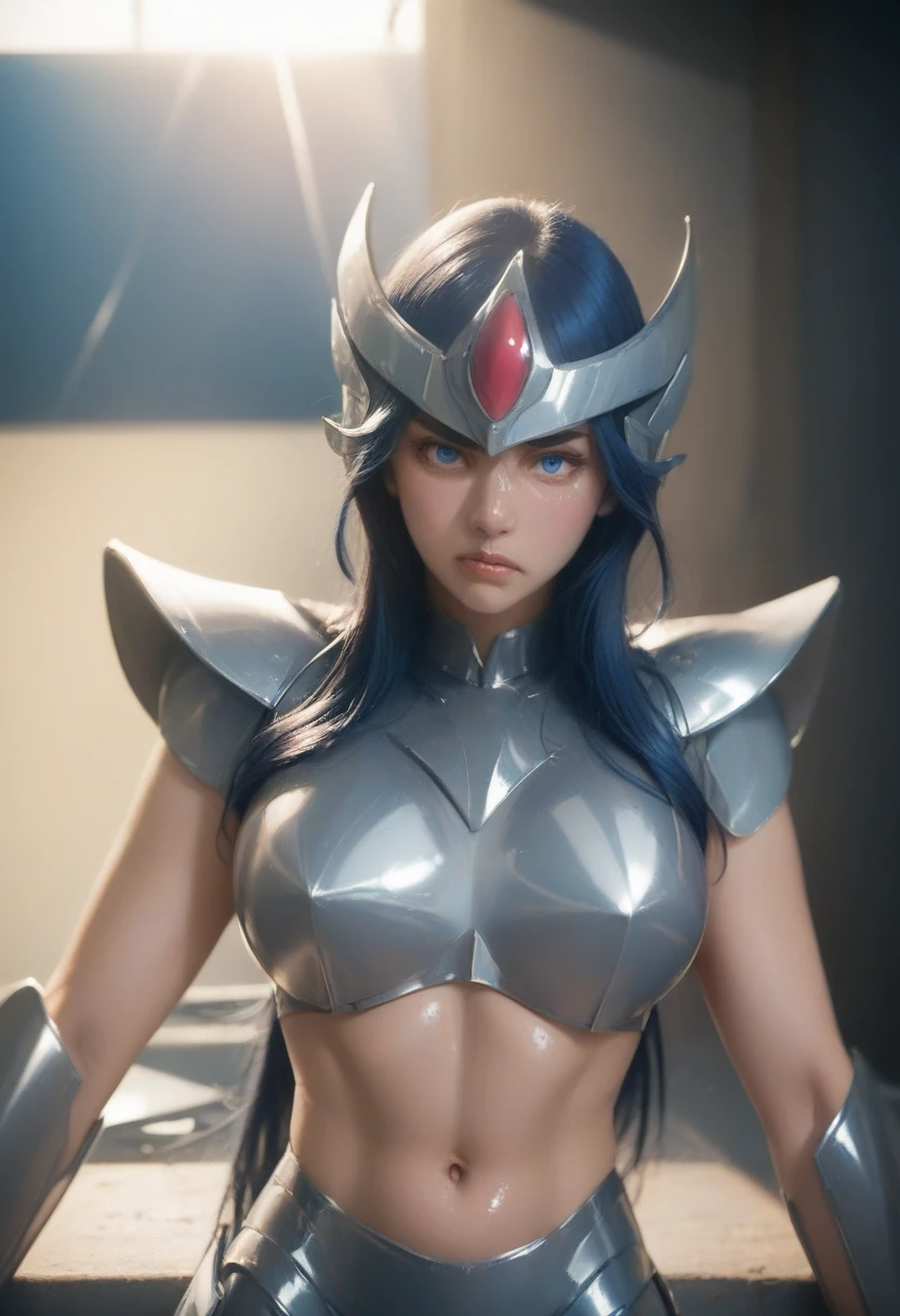 masterpiece, best quality, high resolution, armour, lifelike, high resolution, original photo, shiny tan skin, best lighting, spark, dramatic lighting, dynamic poses, starry sky background, night sky, universe, Milky Way, pretty young girl, balanced eyes, ikki phoenix, plate armor, chest, split, blue hair, plate helmet, blue eyes, looking at the audience, Big breasts, angry face，Show toned belly and flat lower belly