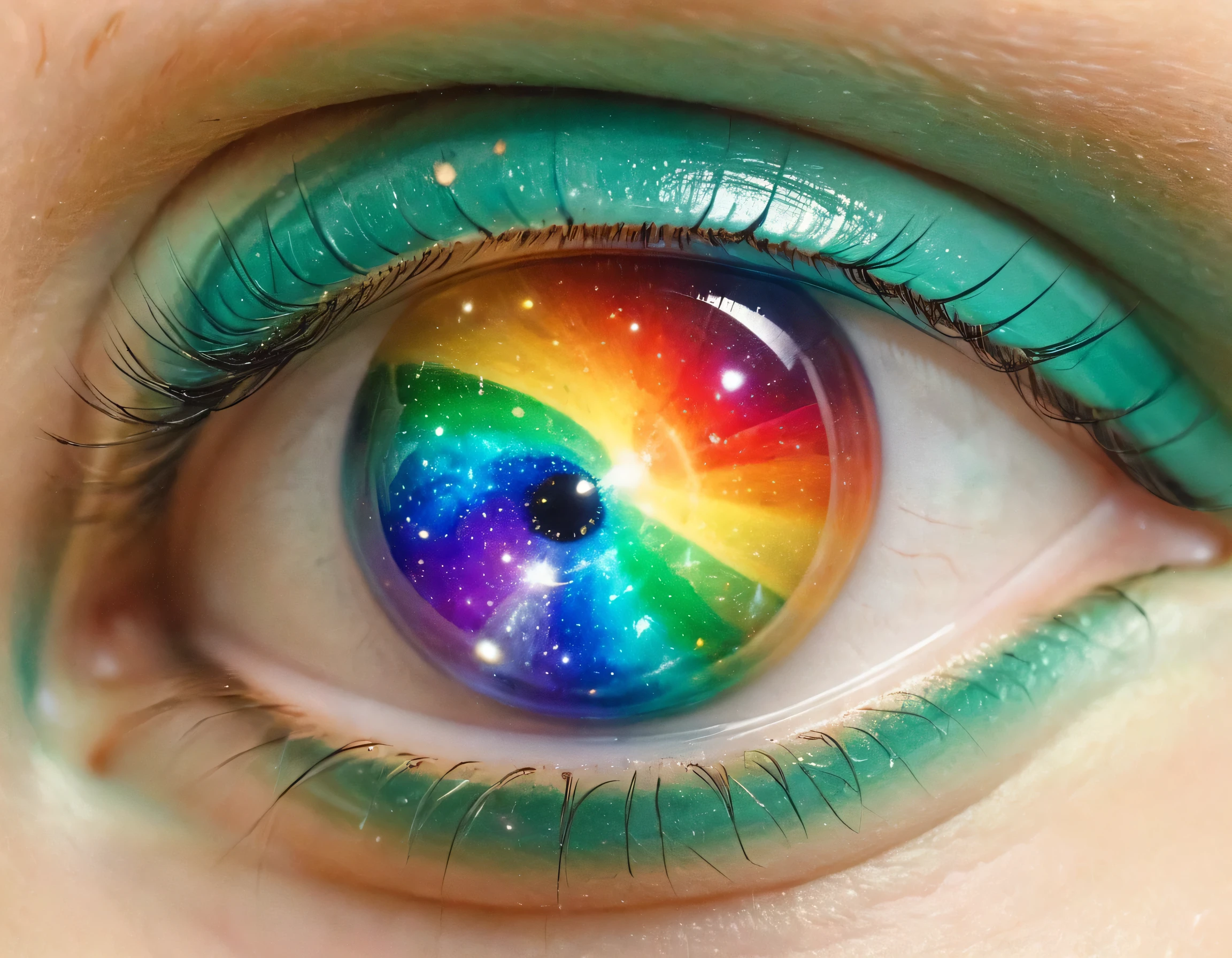 a picture of an eye looking at a rainbow in the sky, the rainbow is ((being reflected in the iris)), ral-czmcrnbw