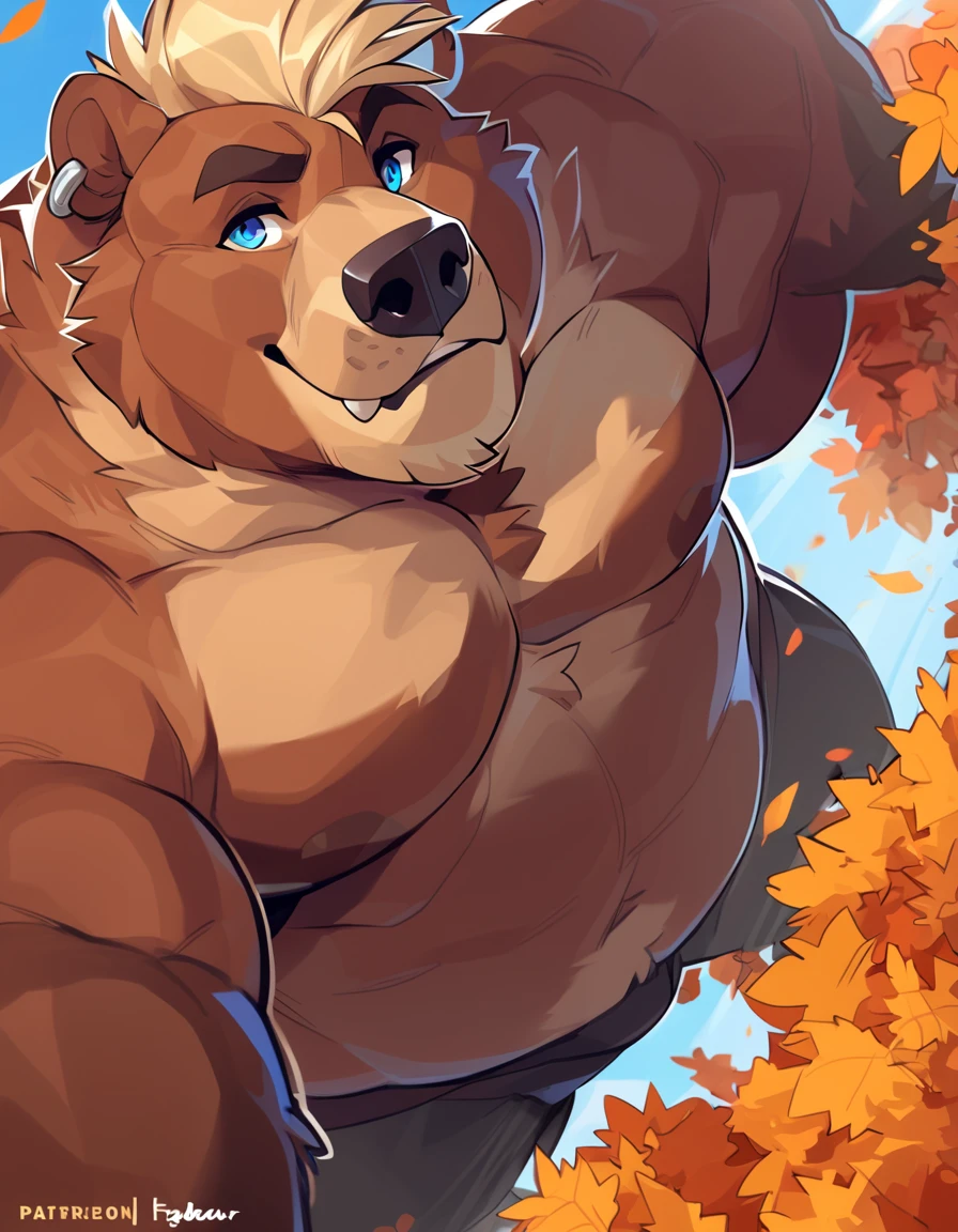 Close-Up Portrait: Sarcastic obese Kodiak Bear; showing off his perfect physique and perfect anatomy; Black/Blond fur, light beard, Mohawk hairstyle, piercing Blue Eyes, large muscles, Detailed body fur, burly huge stature; masterpiece, Anime Style, Two-tone body fur, Black body furs, clear blond body fur; hard bulky; Detailed face, Thin eyebrows, Fine grain, thick jaw, Detailed body, Autumn cityscape, sunny, Detailed hands, Shining Body, Shiny body, Motion Blur, Dynamic Angle, looking at viewer, close-up OP-POV looking up; by FTGBear;