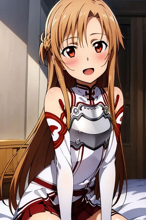 ((Best Quality)), ((masterpiece)), (be familiar with), Perfect Face, indoor, bedroom, Watching the audience,
One woman, Yuuki Asuna,
Open Mouth, Ecstatic expression, blush, smile,
Small breasts, Flat Chest, , , child, Girl,
Long Hair, Long Hair,
Leg spread,