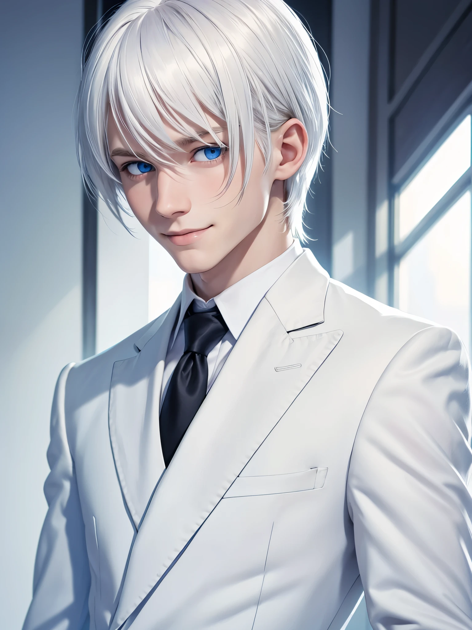 (best quality), 1boy, male, pale skin, white hair, medium hair, swept bangs, straight hair, blue eyes, perfect eyes, smile, blush, suit, skinny body, masterpiece, anatomically correct, highres