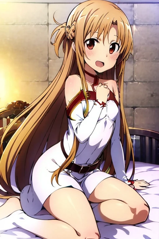 ((Best Quality)), ((masterpiece)), (be familiar with), Perfect Face, indoor, bedroom, Watching the audience,
One woman, Yuuki Asuna,
Open Mouth, Ecstatic expression, blush, smile,
Small breasts, Flat Chest, , , child, Girl,
Long Hair, Long Hair,
Leg spread,