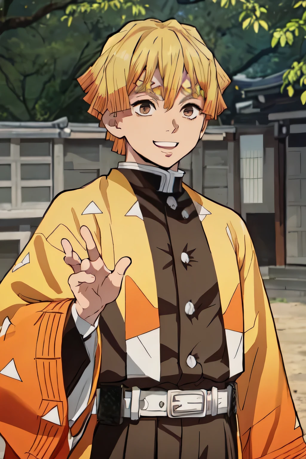 1boy, demon slayer uniform, male focus, solo, blonde hair, japanese clothes, triangle print, haori, long sleeves, short hair, jacket, white belt, outdoors, agatsuma zenitsu, thick eyebrows, brown eyes, smile, upper body, waving,  