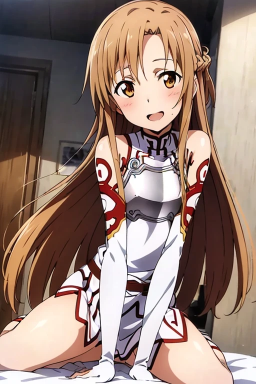 ((Best Quality)), ((masterpiece)), (be familiar with), Perfect Face, indoor, bedroom, Watching the audience,
One woman, Yuuki Asuna,
Open Mouth, Ecstatic expression, blush, smile,
Small breasts, Flat Chest, , , child, Girl,
Long Hair, Long Hair,
Leg spread,