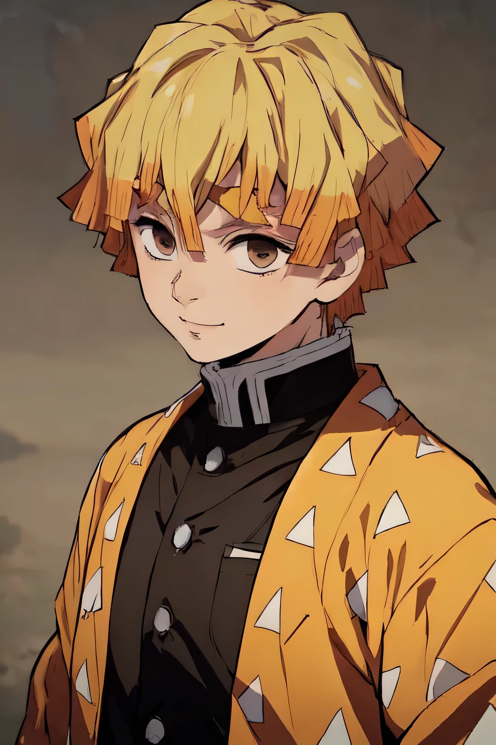 1boy, demon slayer uniform, male focus, solo, blonde hair, japanese clothes, triangle print, haori, long sleeves, short hair, jacket, white belt, outdoors, agatsuma zenitsu, thick eyebrows, brown eyes, smile, upper body, waving,  